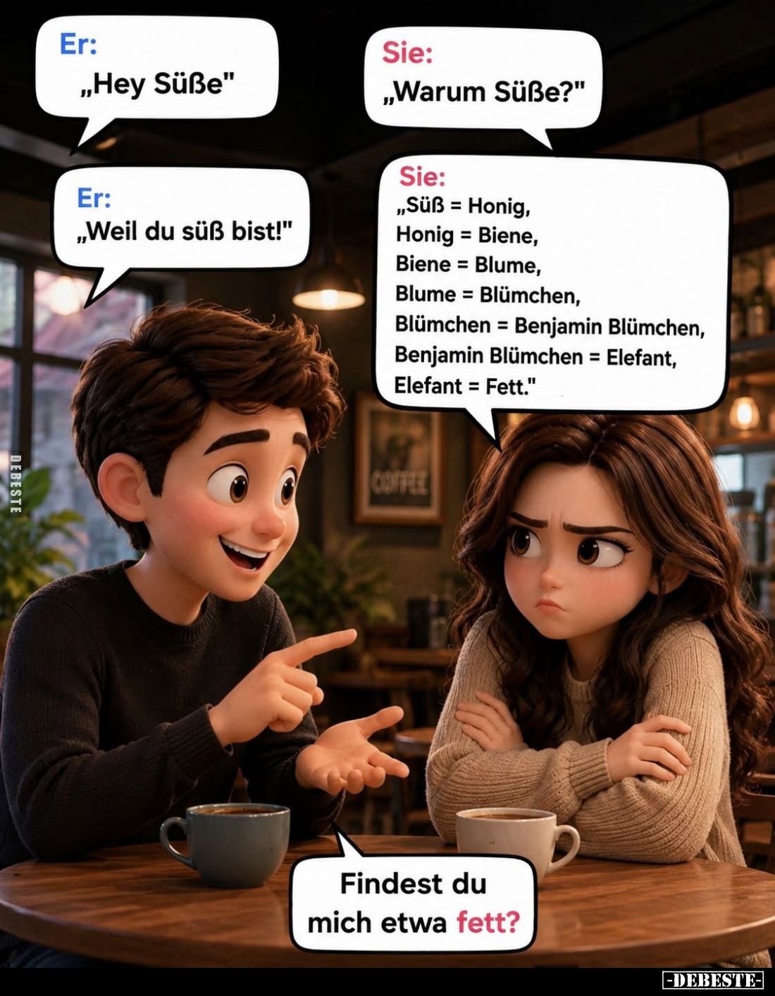 Er:
"Hey Süße." -
Er:
"Weil du süß bist!" -
Sie:
"Warum Süße?" -
Sie:
"Süß = Honig,...