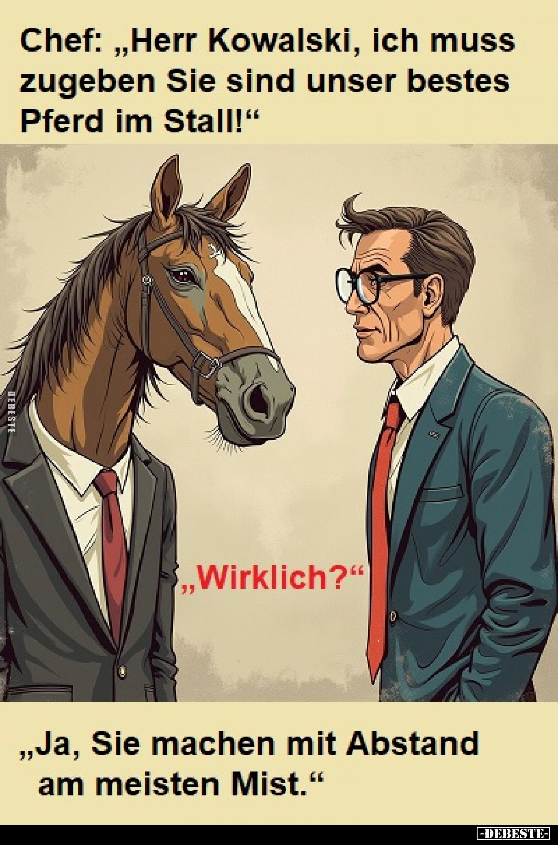 Chef: „Herr Kowalski, ich muss zugeben Sie sind unser bestes Pferd im Stall!"
,,Wirklich?"
„Ja, Sie machen mit Ab...