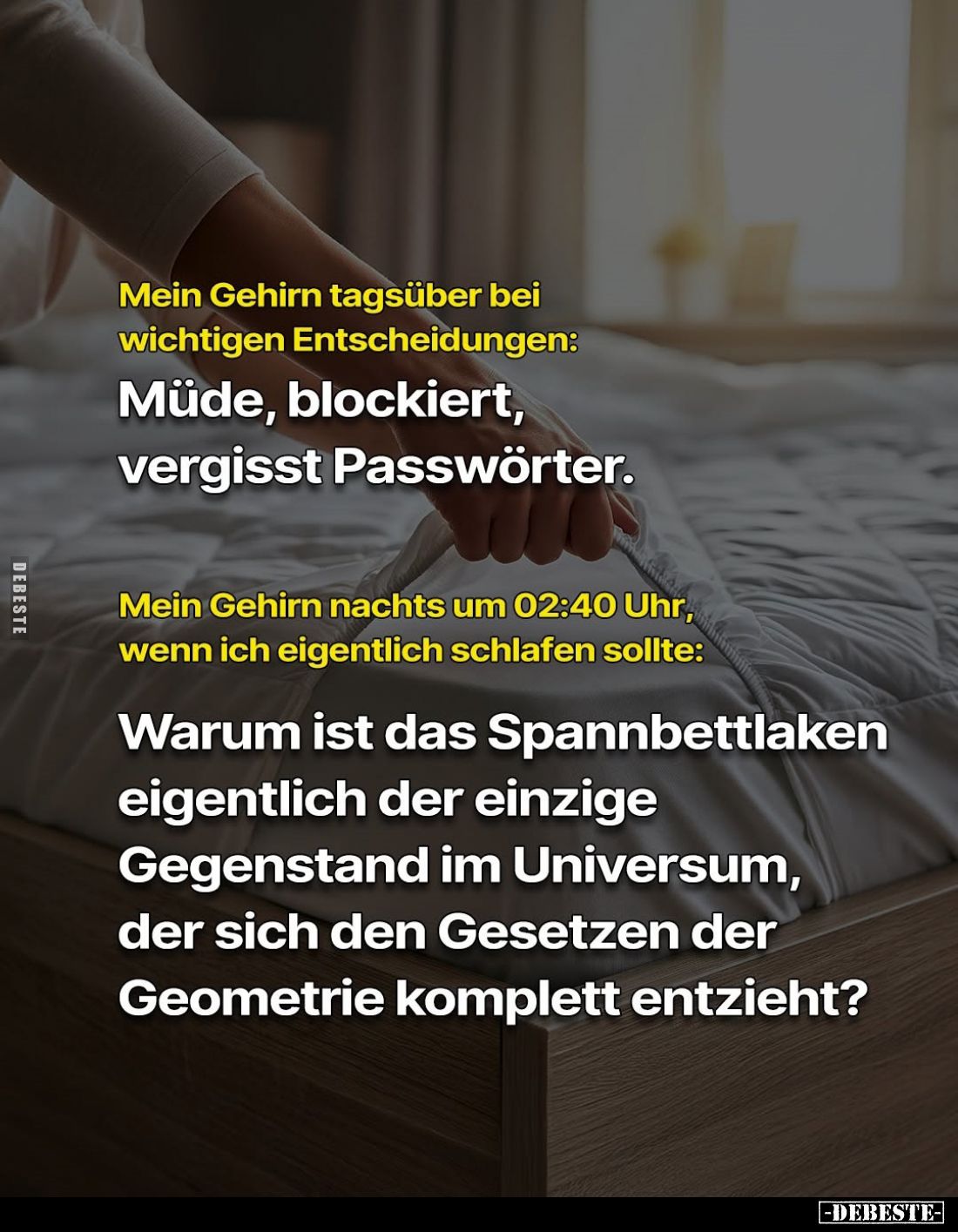Mein Gehirn tagsüber bei wichtigen Entscheidungen:
Müde, blockiert, vergisst Passwörter.
Mein Gehirn nachts um 02:40 Uhr, w...