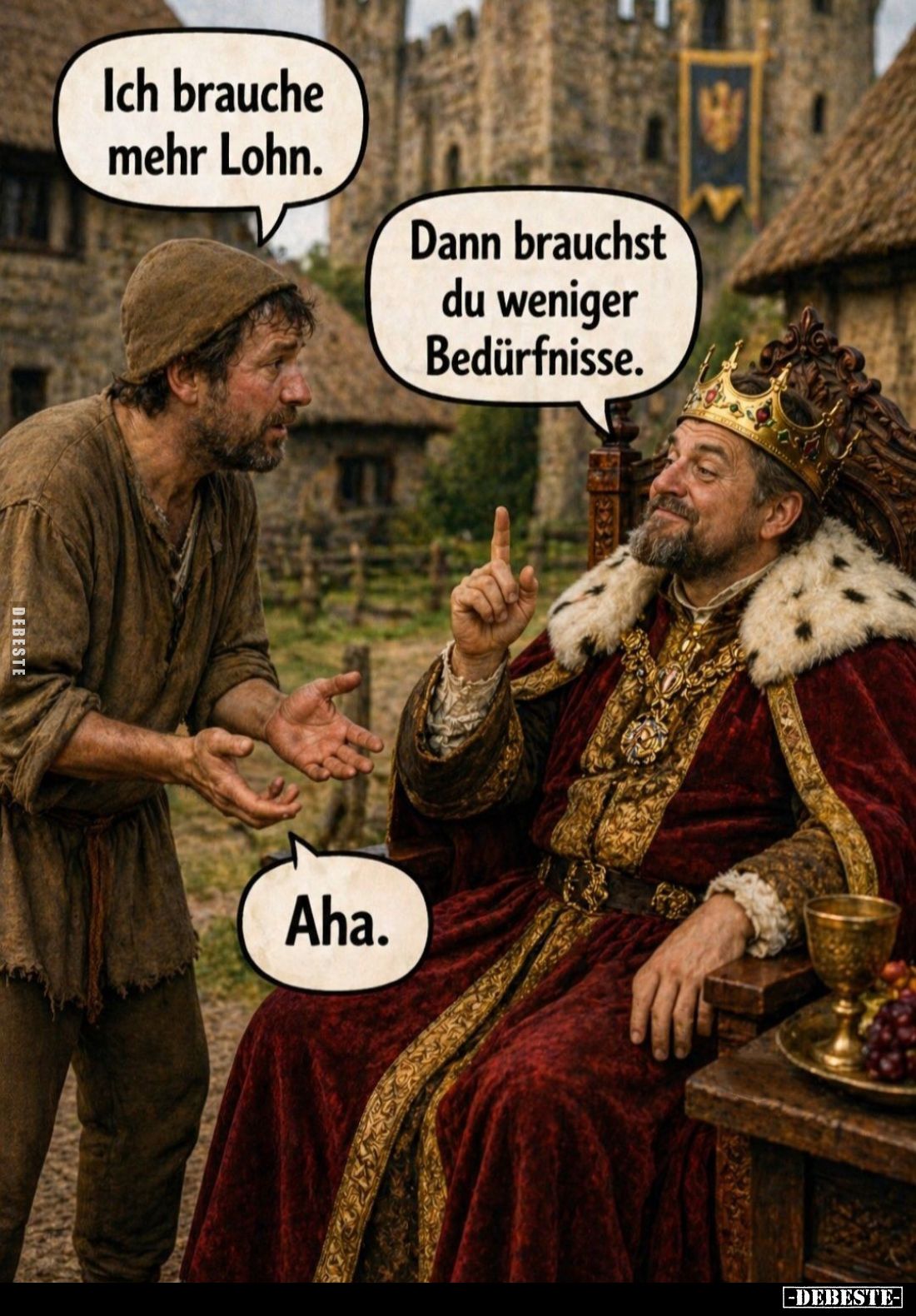 Ich brauche mehr Lohn. -
Dann brauchst du weniger Bedürfnisse. -
Aha.