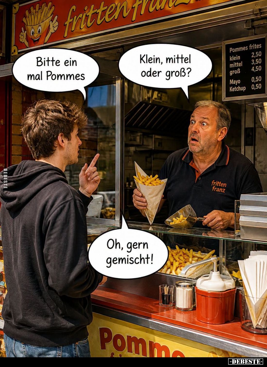 Bitte ein mal Pommes. -
Klein, mittel oder groß?
-
Oh, gern gemischt!