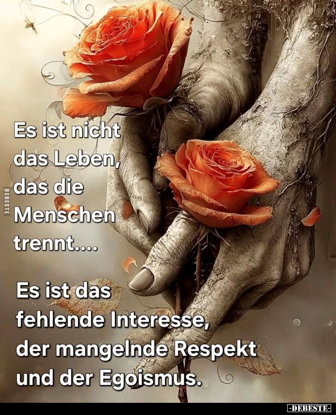 Es ist nicht das Leben, das die Menschen trennt....
Es ist das fehlende Interesse, der mangelnde Respekt und der Egoismus....