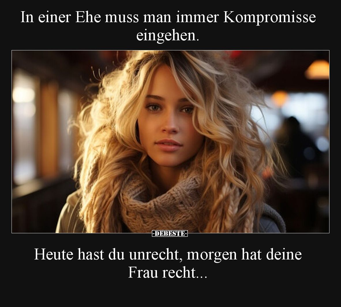 In einer Ehe muss man immer Kompromisse eingehen. Heute hast du unrecht, morgen hat deine Frau recht...