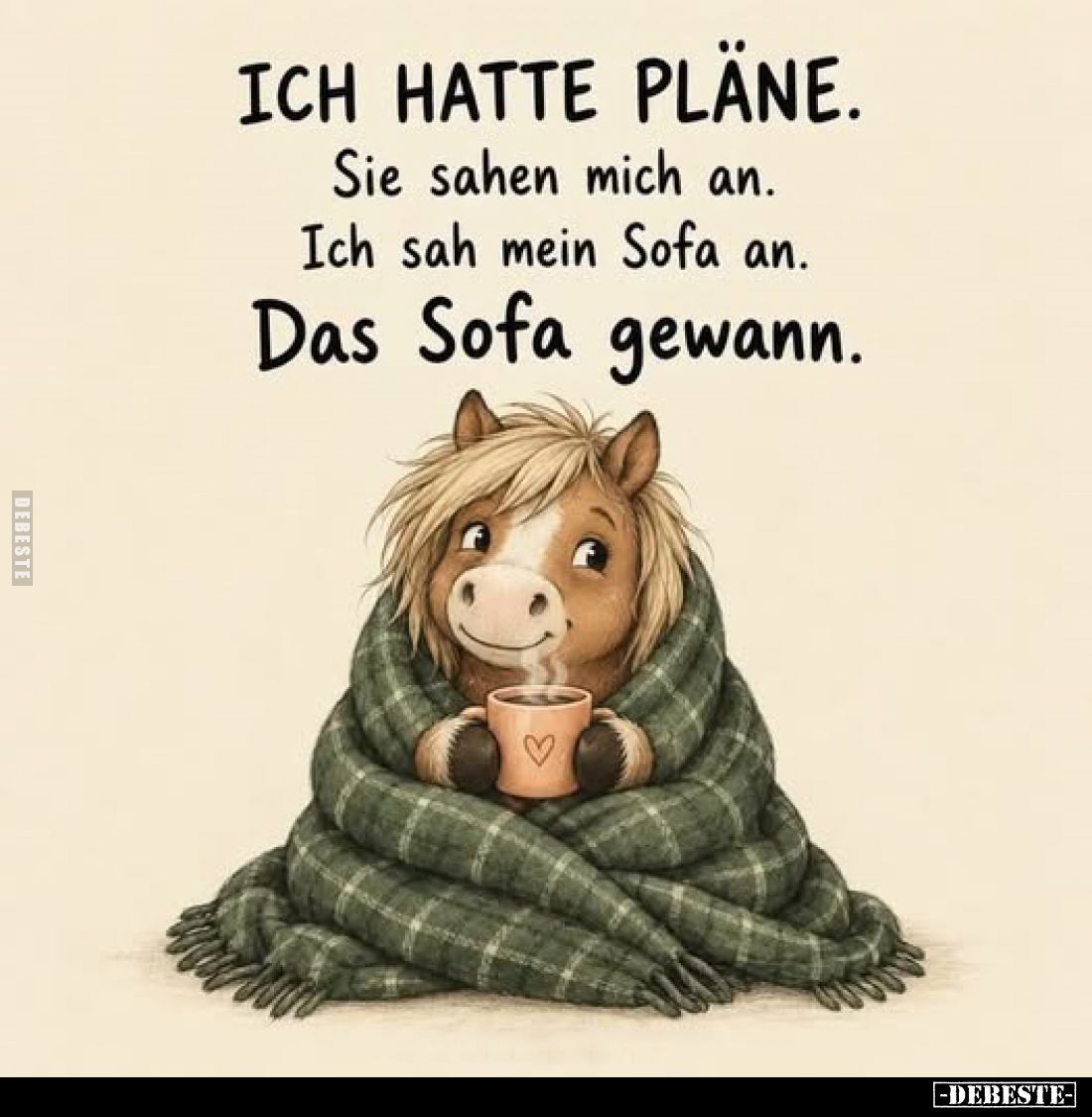 Ich hatte Pläne. Sie sahen mich an.
Ich sah mein Sofa an.
Das Sofa gewann.