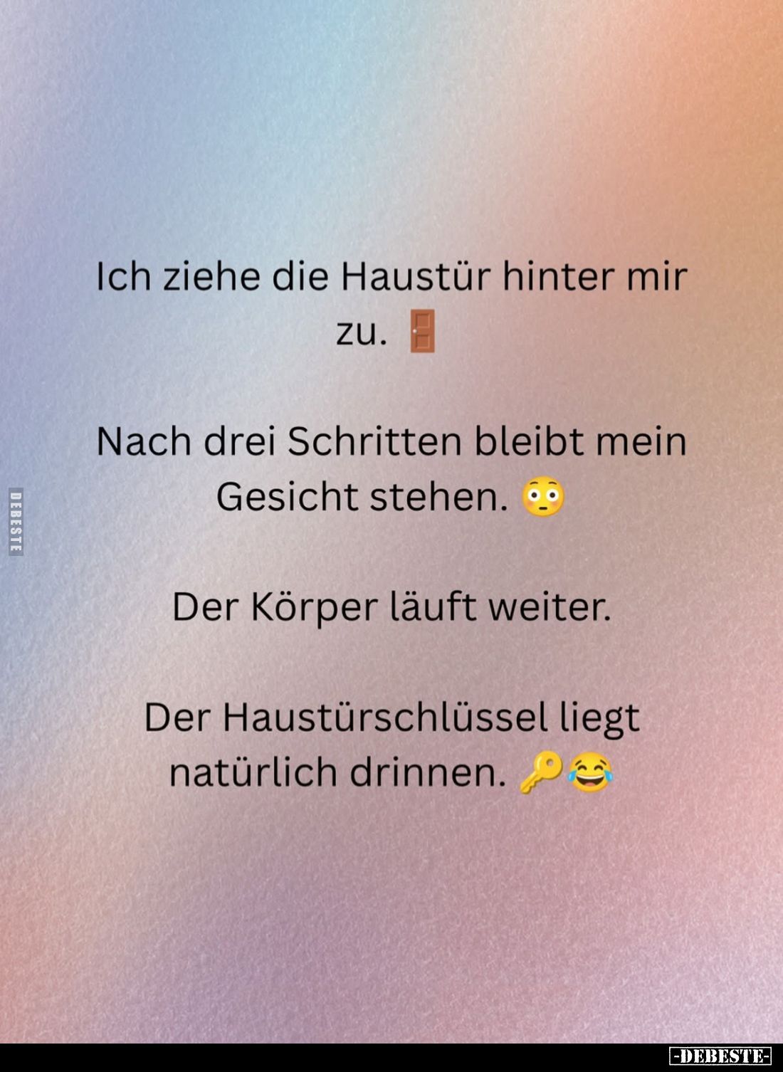 Ich ziehe die Haustür hinter mir zu.
Nach drei Schritten bleibt mein Gesicht stehen.
Der Körper läuft weiter.
Der Haustürs...
