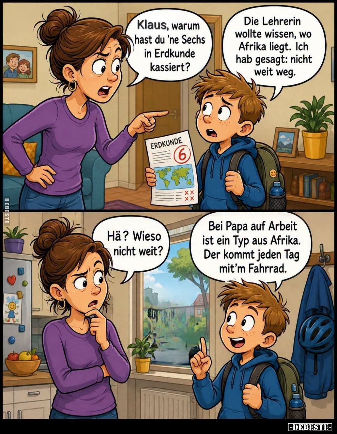Klaus, warum hast du 'ne Sechs in Erdkunde kassiert? -
Die Lehrerin wollte wissen, wo Afrika liegt. Ich hab gesagt: nicht we...