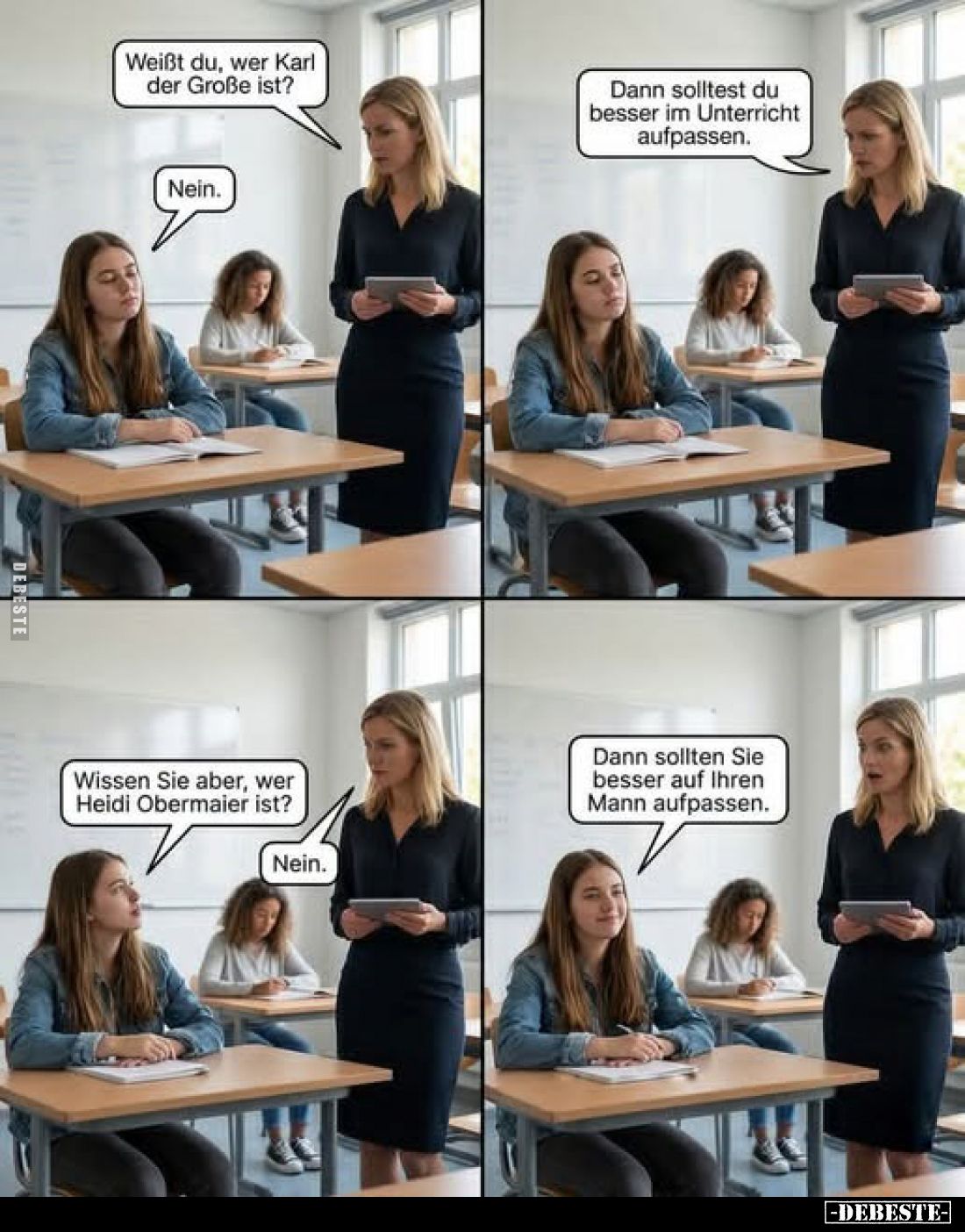 Weißt du, wer Karl der Große ist?
-
Nein.
-
Dann solltest du besser im Unterricht aufpassen.
-
Wissen Sie aber, wer Hei...