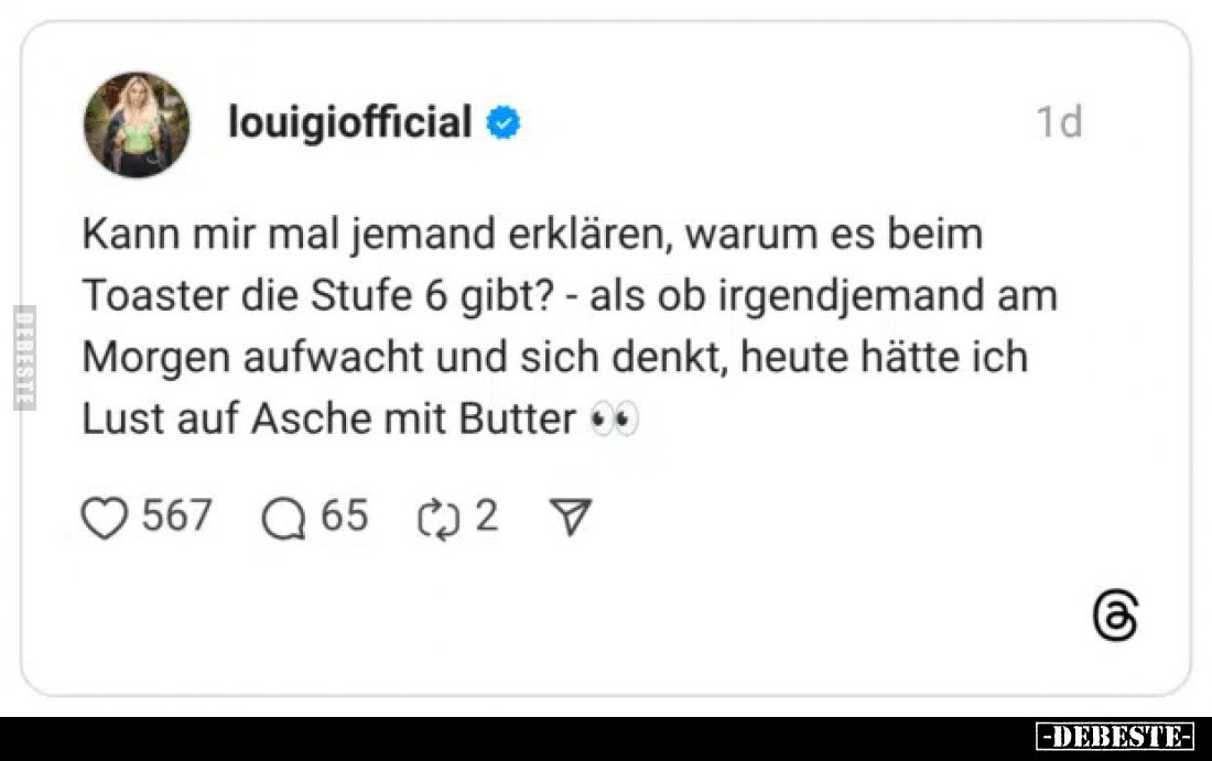 Kann mir mal jemand erklären, warum es beim Toaster die Stufe 6 gibt? - als ob irgendjemand am Morgen aufwacht und sich denkt...