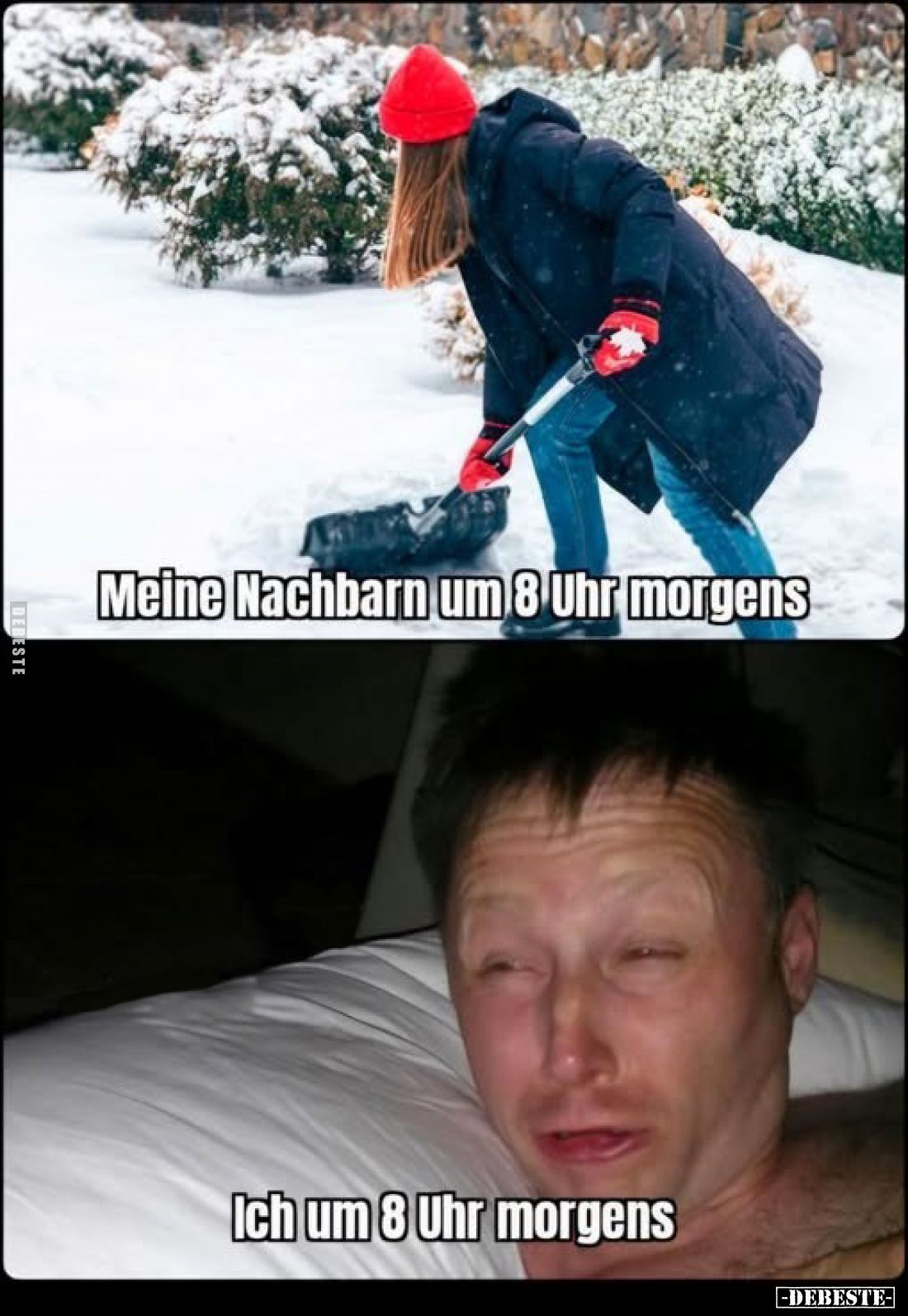 Meine Nachbarn um 8 Uhr morgens.
Ich um 8 Uhr morgens.