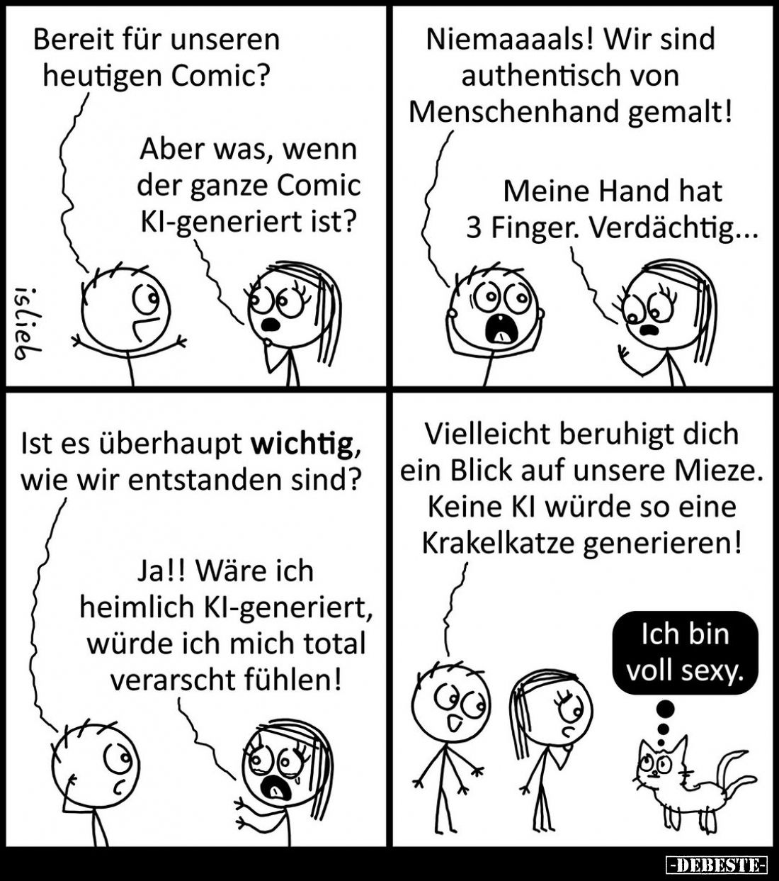 Bereit für unseren heutigen Comic?
-
Aber was, wenn der ganze Comic Kl-generiert ist?
-
Niemaaaals! Wir sind authentisch ...
