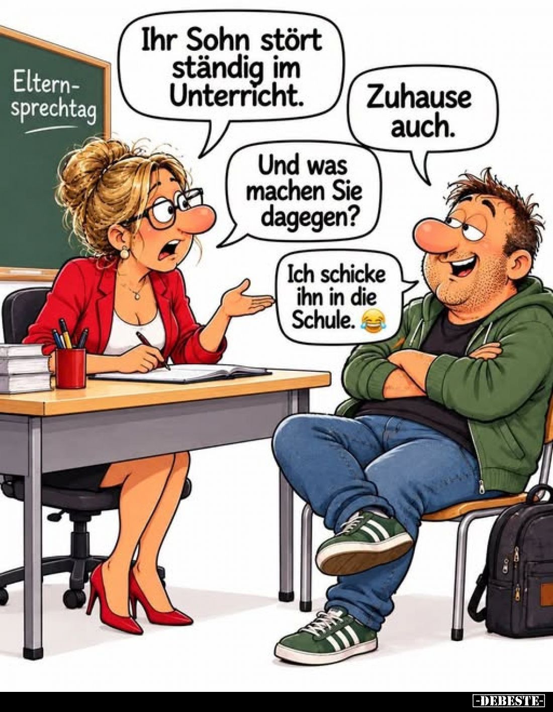 Ihr Sohn stört ständig im Unterricht.
-
Zuhause auch.
-
Und was machen Sie dagegen?
-
Ich schicke ihn in die Schule.