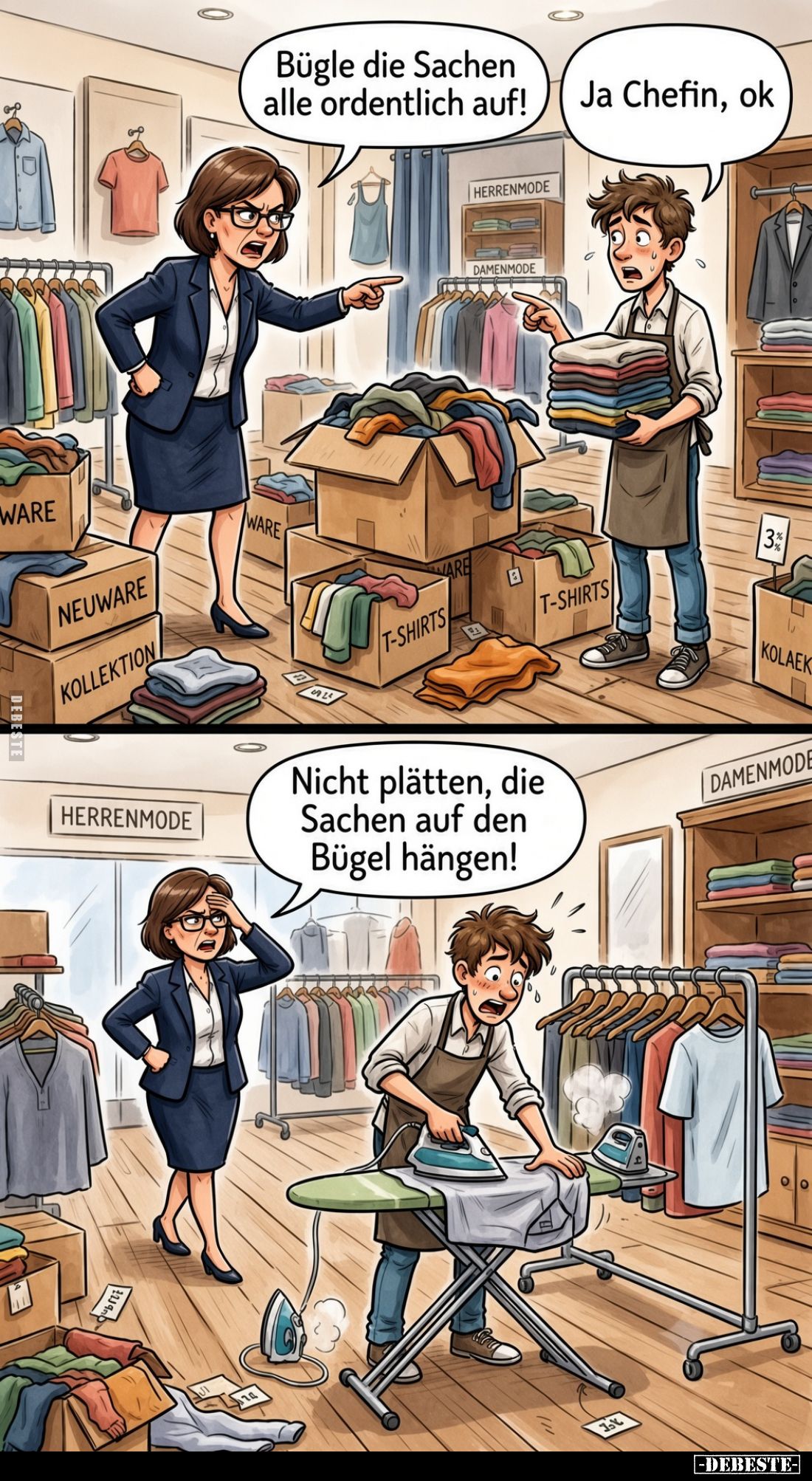 Bügle die Sachen alle ordentlich auf!
Ja Chefin, ok.
Nicht plätten, die Sachen auf den Bügel hängen.