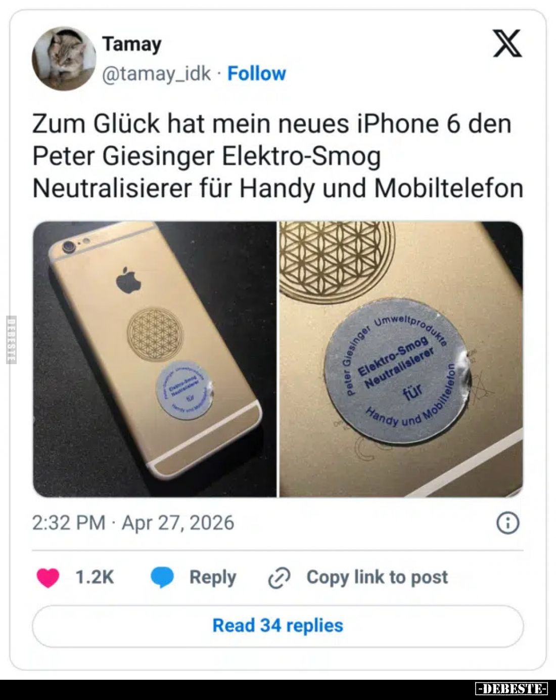 Zum Glück hat mein neues iPhone 6 den Peter Giesinger Elektro-Smog Neutralisierer für Handy und Mobiltelefon.