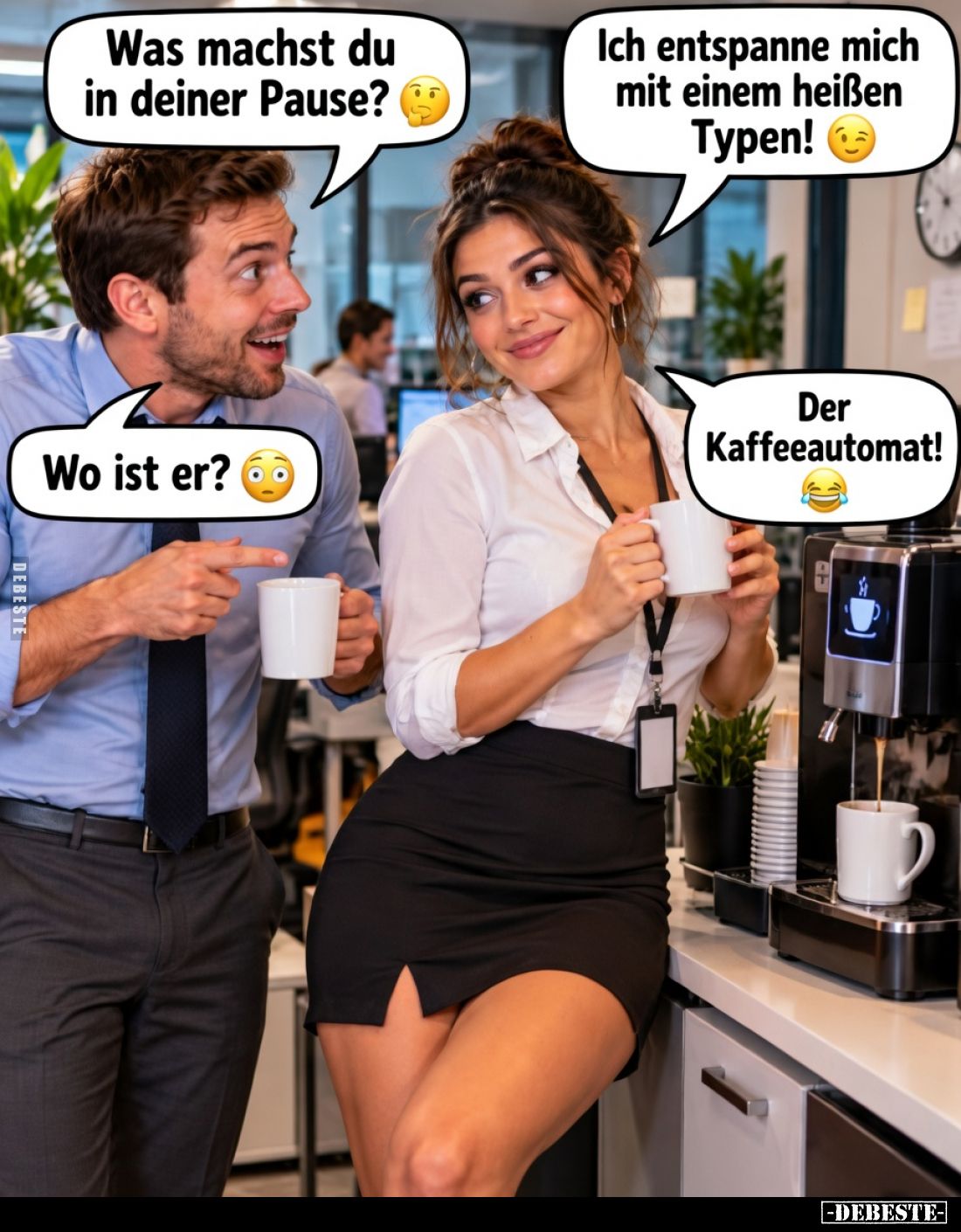 Was machst du in deiner Pause?

Ich entspanne mich mit einem heißen Typen!

Wo ist er?

Der Kaffeeautomat!