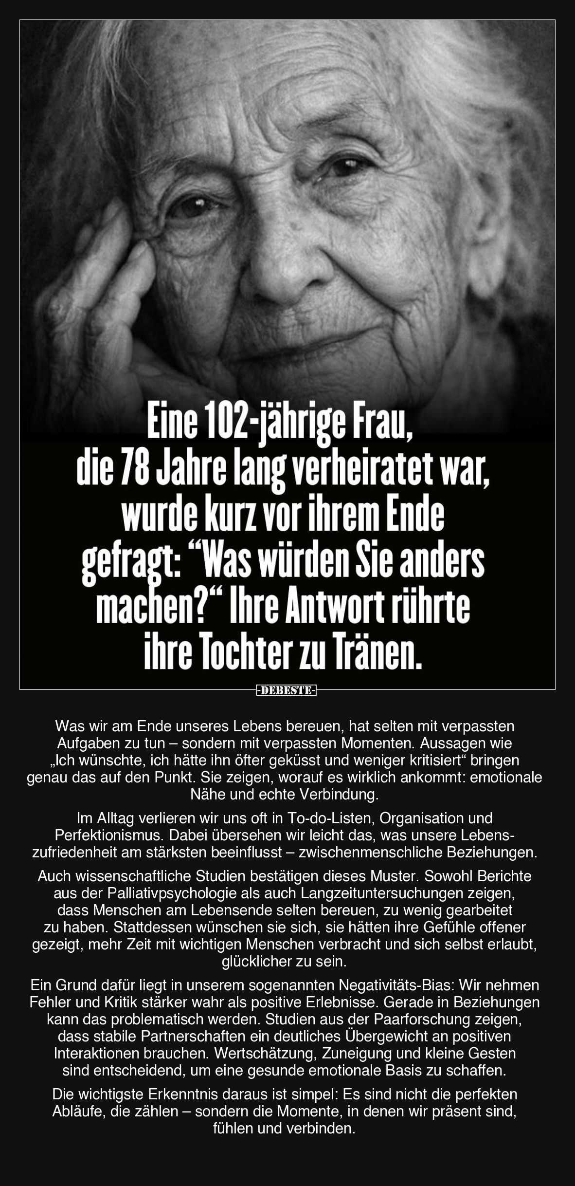 Eine 102-jährige Frau, die 78 Jahre lang verheiratet war, wurde kurz vor ihrem Ende gefragt.. - Lustige Bilder | DEBESTE.de