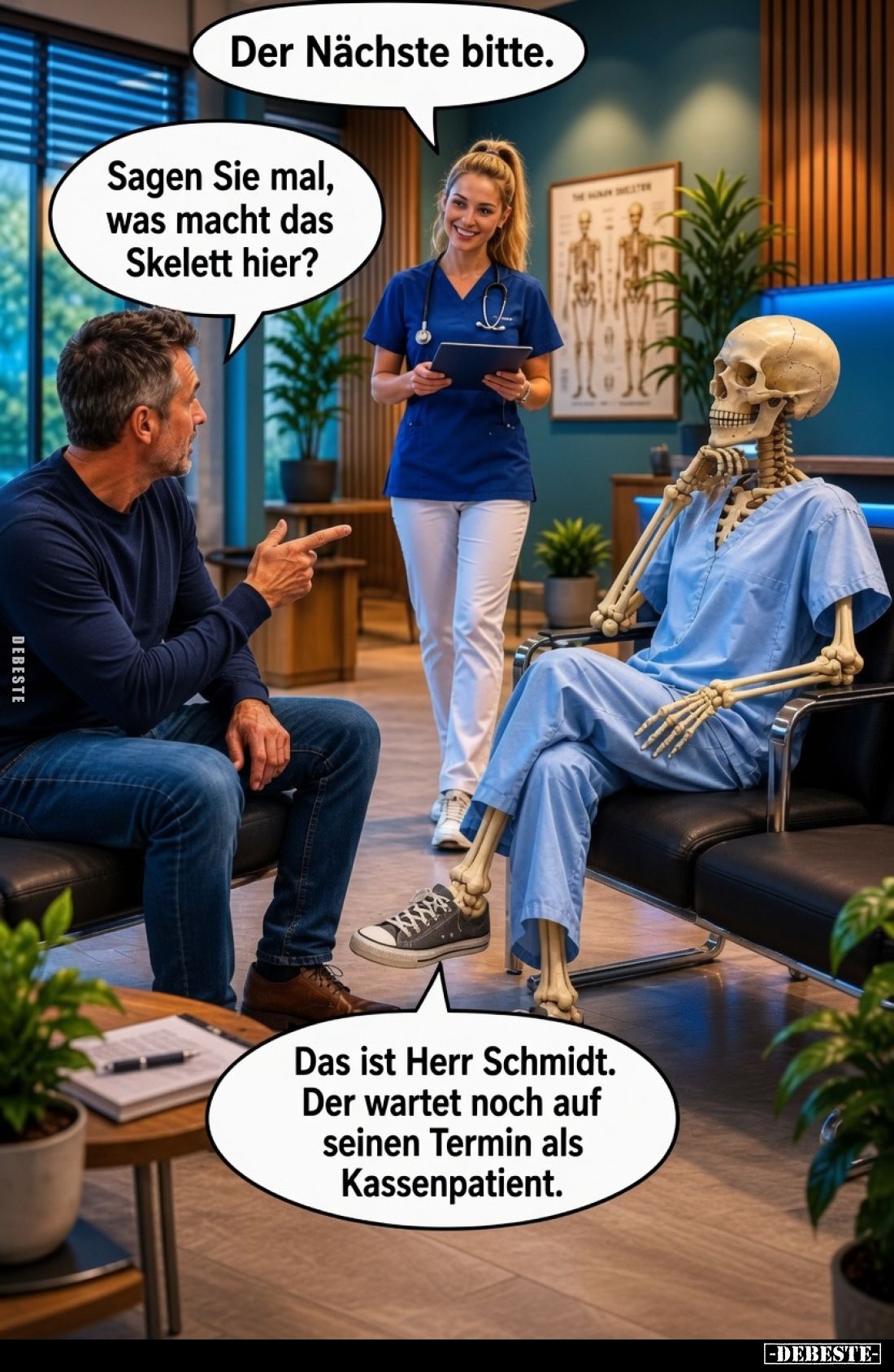 Der Nächste bitte. 
Sagen Sie mal, was macht das Skeiet hier?
Das ist Herr Schmidt. Der wartet noch auf seinen Termin als K...