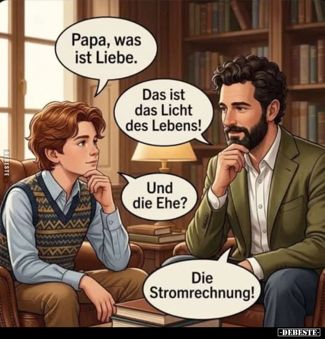 Papa, was ist Liebe.
Das ist das Licht des Lebens!
Und die Ehe?
Die Stromrechnung!