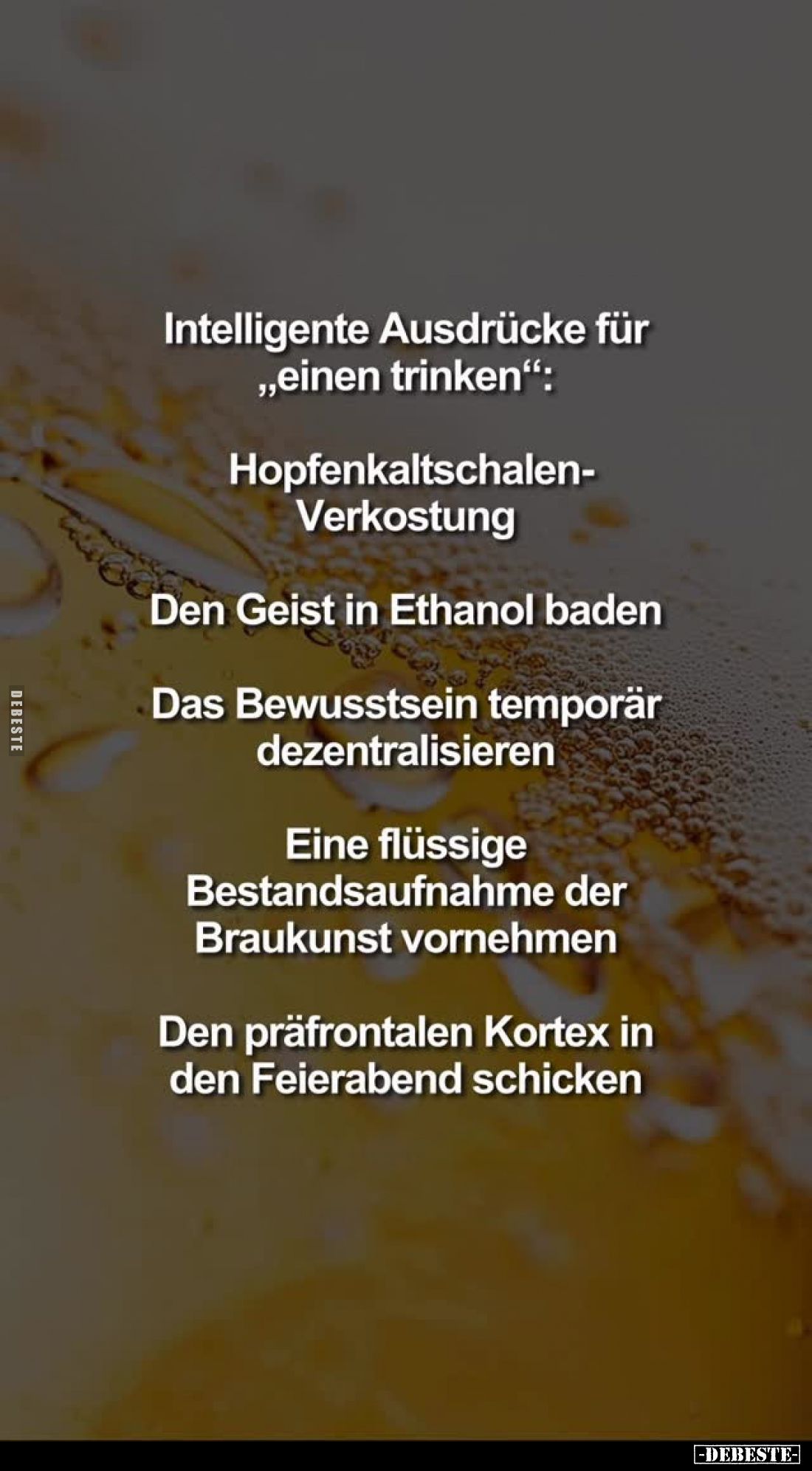 Intelligente Ausdrücke für "einen trinken":
Hopfenkaltschalen-Verkostung.
Den Geist in Ethanol baden.
Das Bewuss...