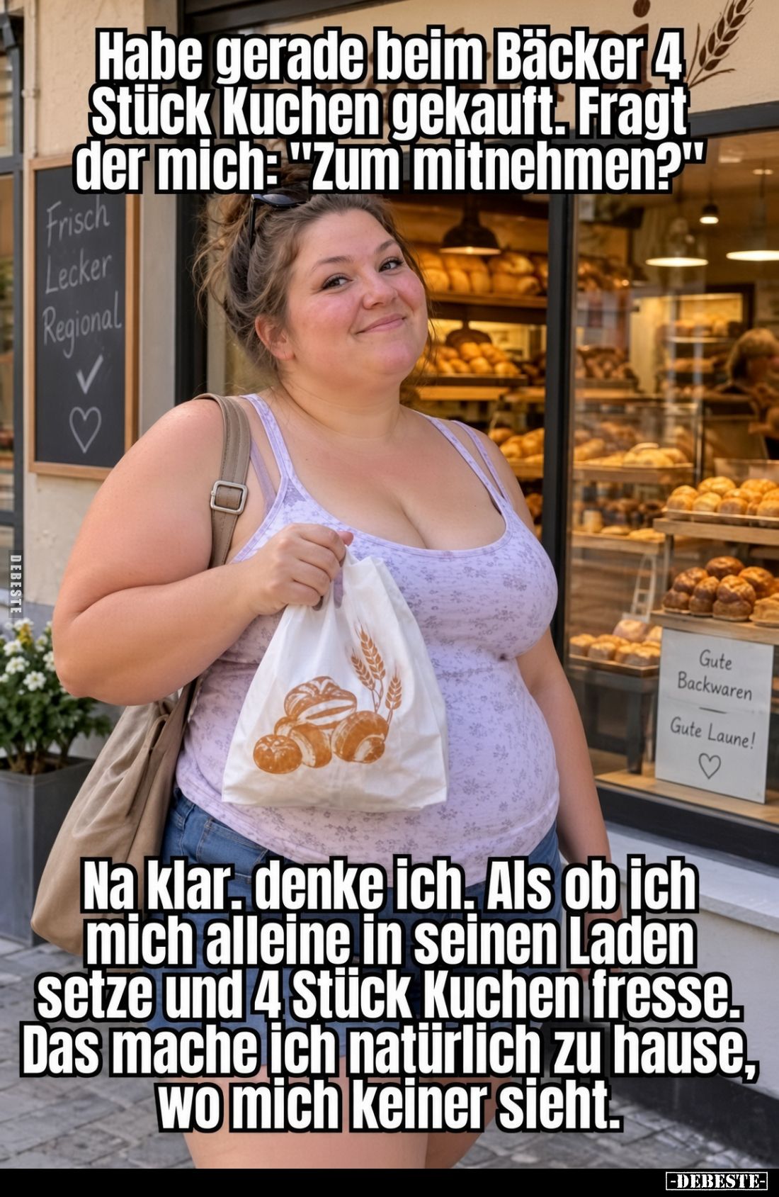 Habe gerade beim Bäcker 4 Stück Kuchen gekauft. Fragt der mich: "Zum mitnehmen?"

Na klar, denke ich. Als ob ich ...