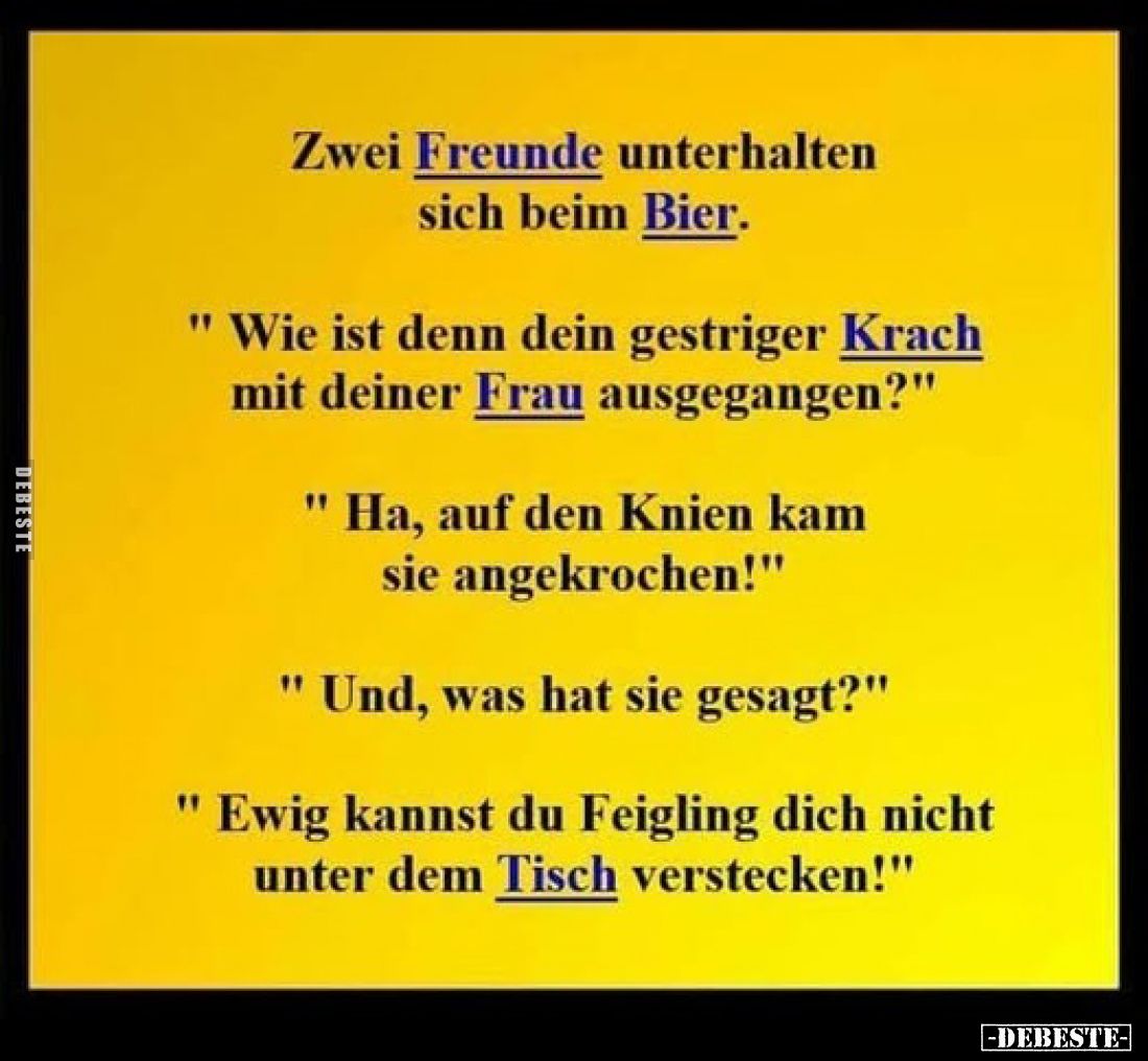 Zwei Freunde unterhalten sich beim Bier.
"Wie ist denn dein gestriger Krach mit deiner Frau ausgegangen?"
"H...