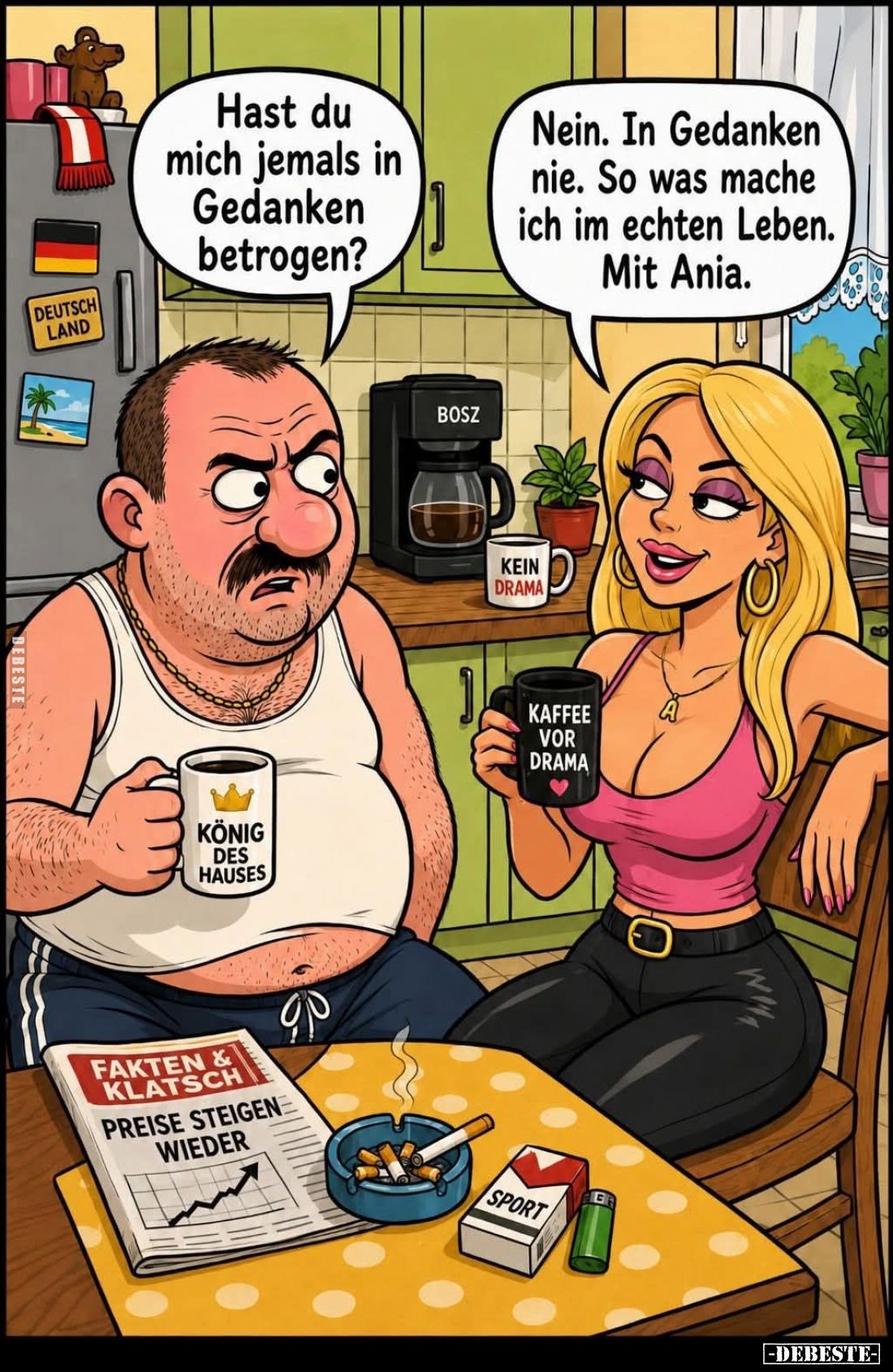 Hast du mich jemals in Gedanken betrogen?
-
Nein. In Gedanken nie. So was mache ich im echten Leben. Mit Ania.
