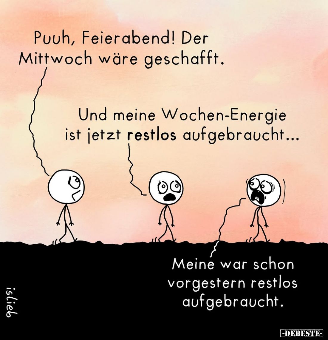 Puuh, Feierabend! Der Mittwoch wäre geschafft.
Und meine Wochen-Energie ist jetzt restlos aufgebraucht...
Meine war schon v...
