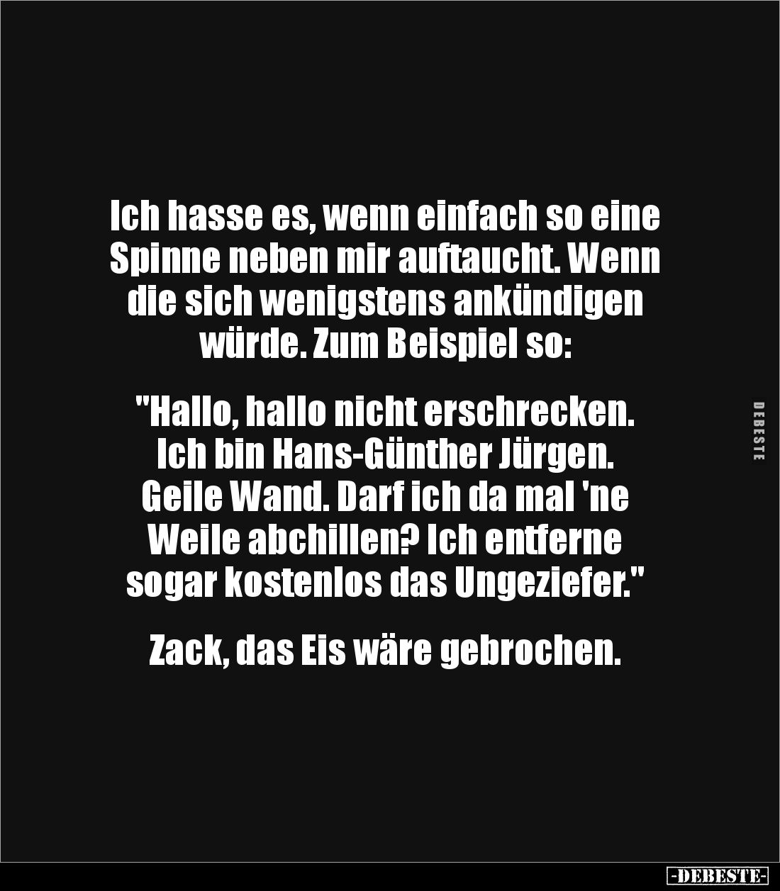 Ich hasse es, wenn einfach so eine Spinne neben mir auftaucht. Wenn die sich wenigstens ankündigen 
würde. Zum Beispiel so: ...