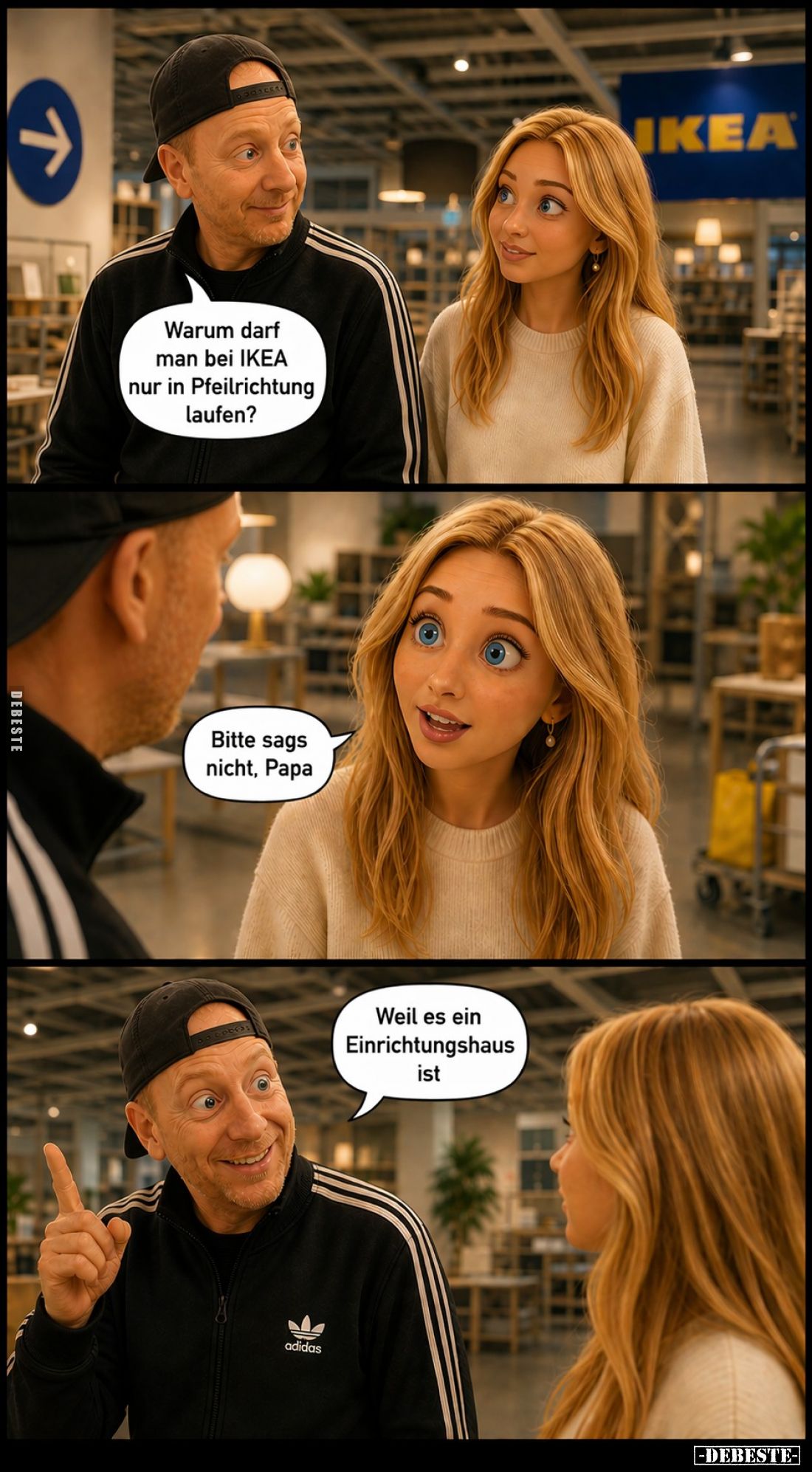 Warum darf man bei IKEA nur in Pfeilrichtung laufen? -
Bitte sags nicht, Papa. -
Weil es ein Einrichtungshaus ist.