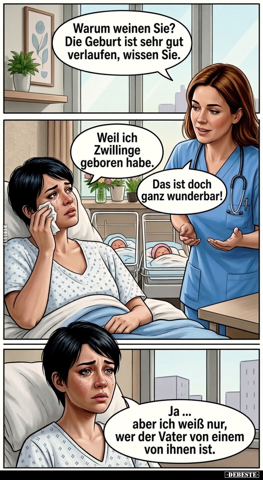Warum weinen Sie? Die Geburt ist sehr gut verlaufen, wissen Sie. -
Weil ich Zwillinge geboren habe. -
Das ist doch ganz wun...