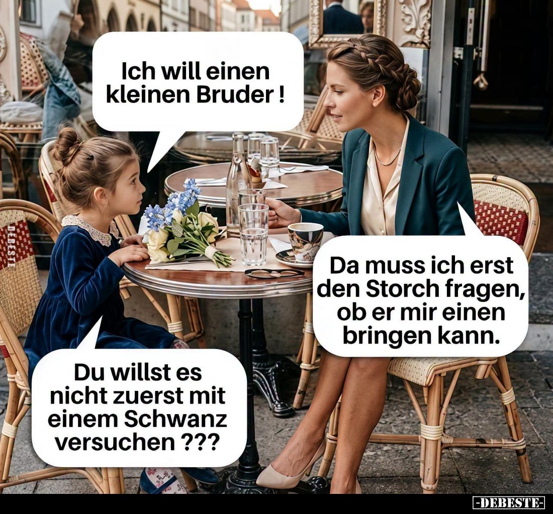 Ich will einen kleinen Bruder! -
Da muss ich erst den Storch fragen, ob er mir einen bringen kann. -
Du willst es nicht zue...