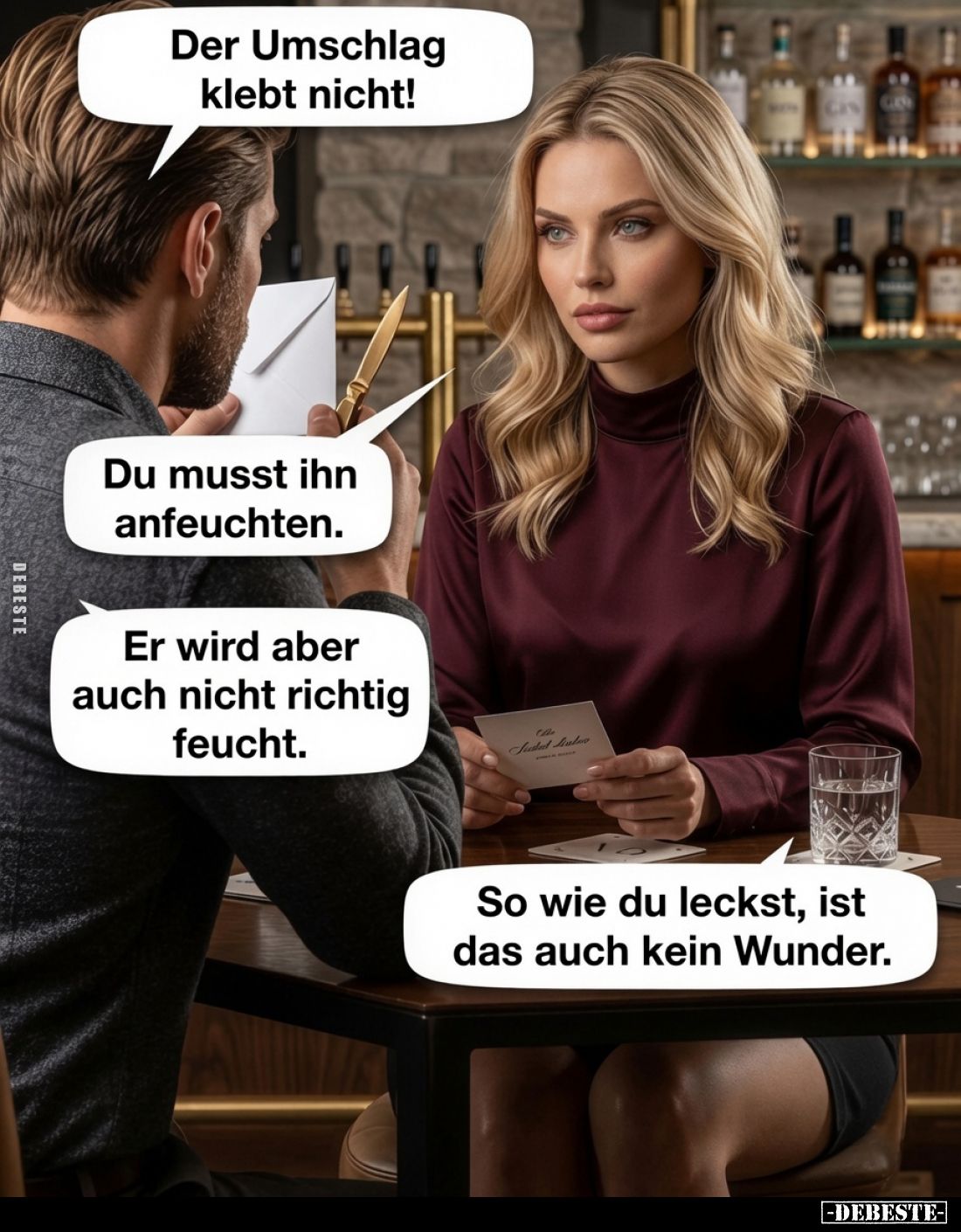 Der Umschlag klebt nicht! Du musst ihn anfeuchten. Er wird aber auch nicht richtig feucht. So wie du leckst, ist das auch kei...