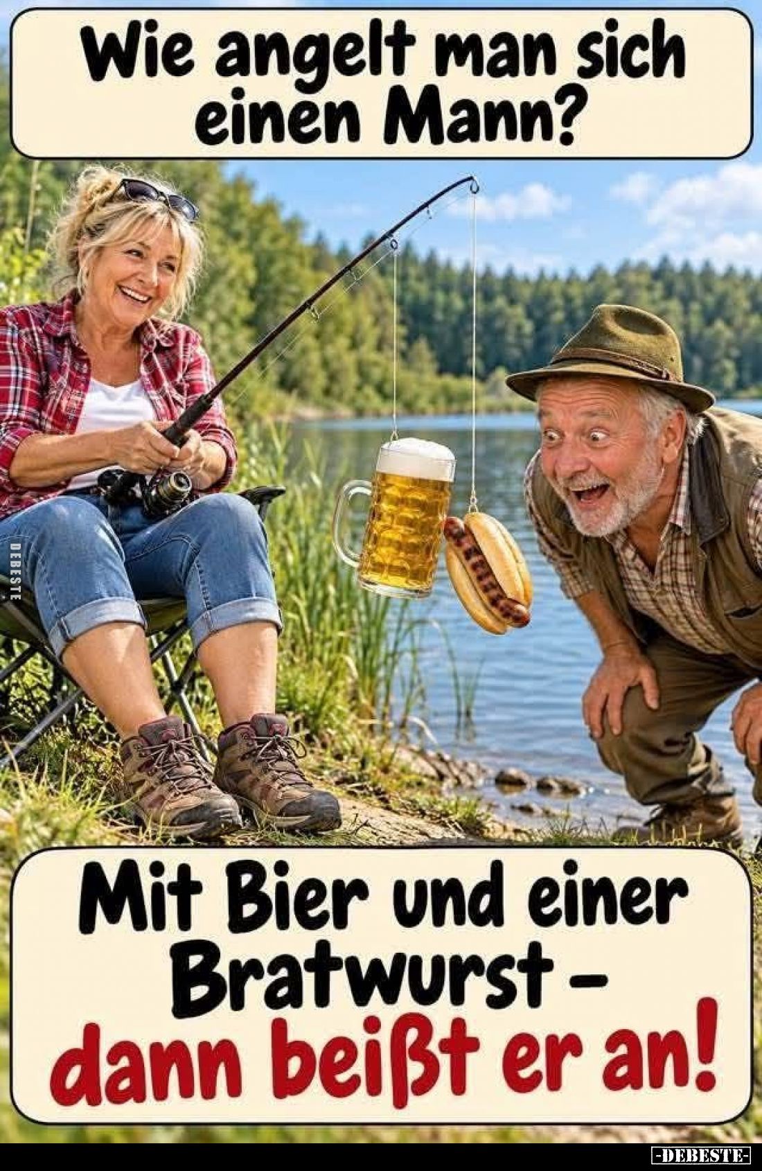Wie angelt man sich einen Mann? -
Mit Bier und einer Bratwurst - dann beißt er an!