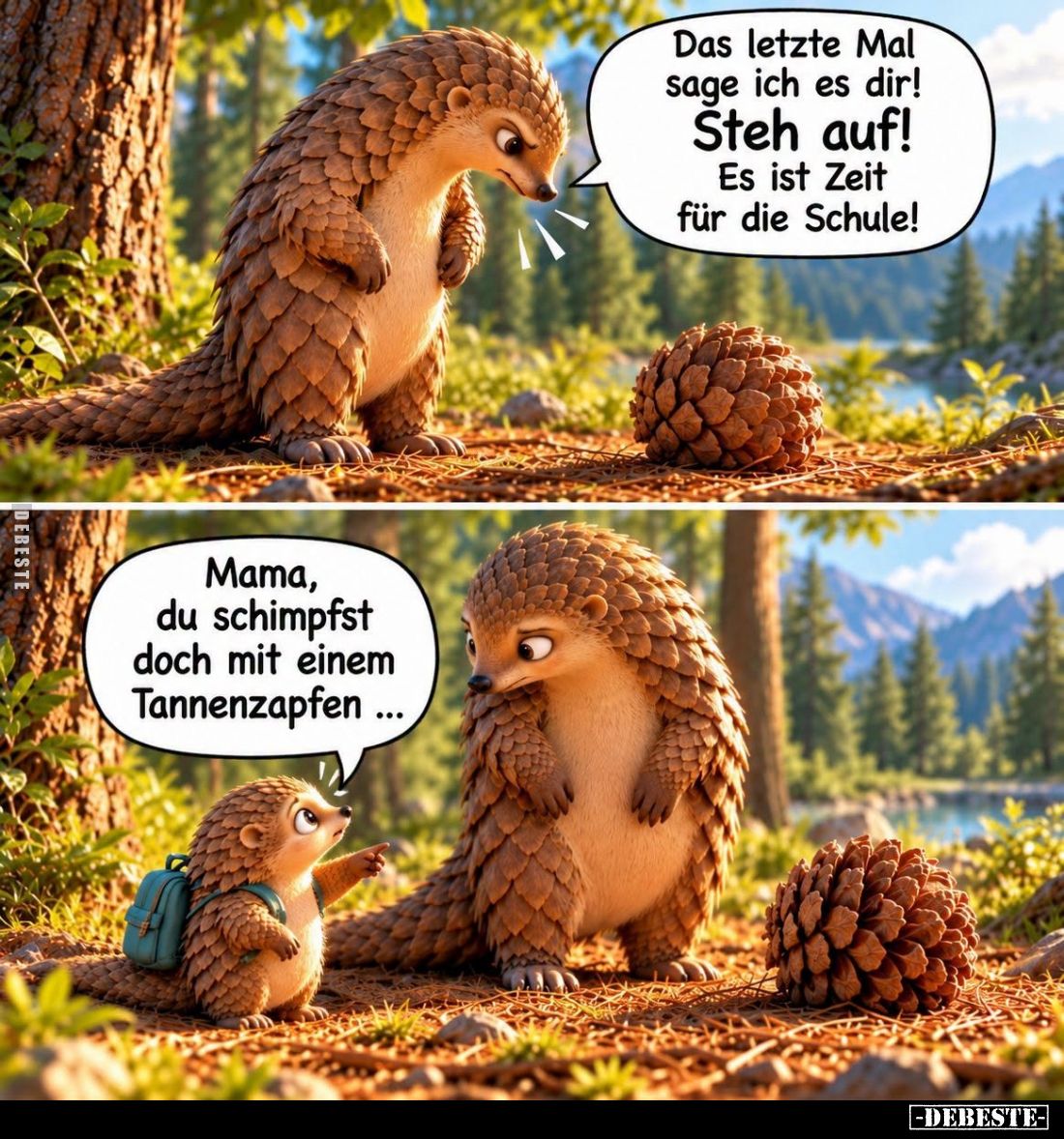 Das letzte Mal sage ich es dir!
Steh auf!
Es ist Zeit für die Schule! -
Mama, du schimpfst doch mit einem Tannenzapfen......