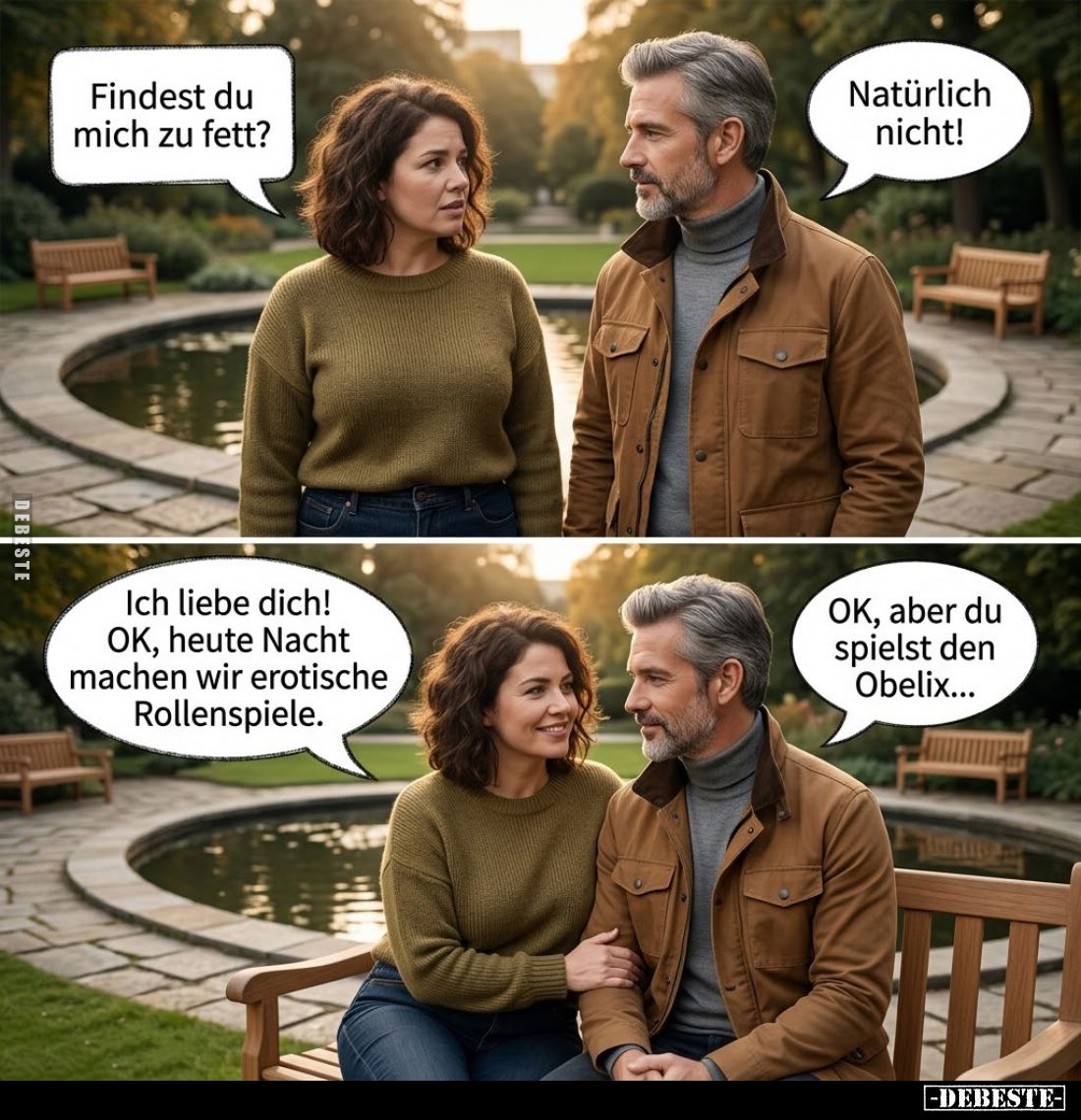 Findest du mich zu fett? -
Natürlich nicht! - Ich liebe dich! OK, heute Nacht machen wir erotische Rollenspiele. -
OK, aber...