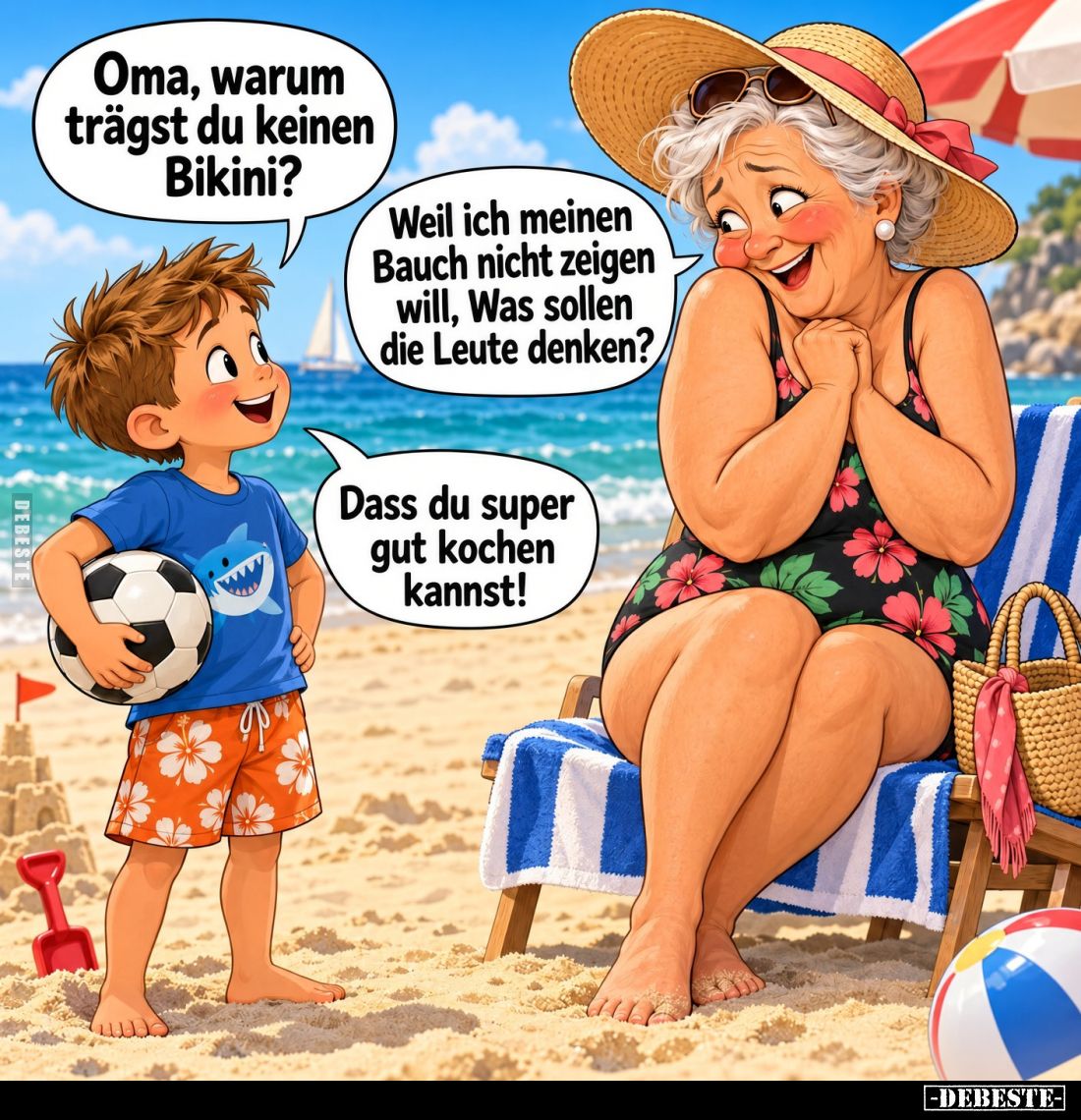 Oma, warum trägst du keinen Bikini?
Weil ich meinen Bauch nicht zeigen will, Was sollen die Leute denken?
Dass du super gut...
