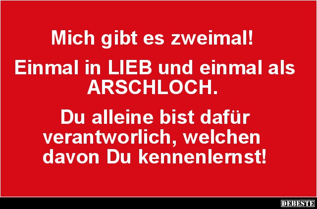 Mich gibt es zweimal!
Einmal in LIEB und einmal als ARSCHLOCH.
Du alleine bist dafür
verantworlich, welchen
da...