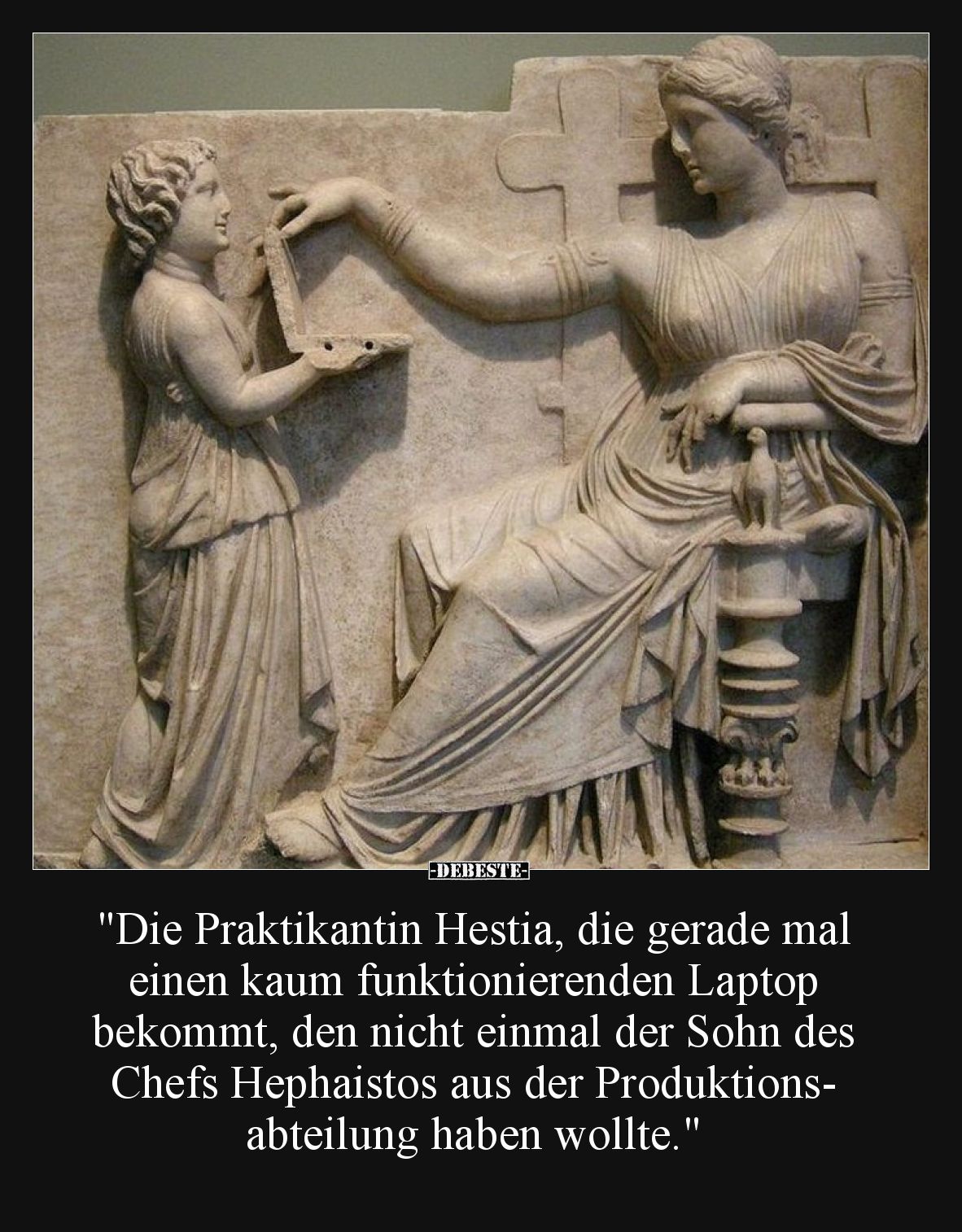 Die Praktikantin Hestia, die gerade mal einen kaum funktionierenden Laptop bekommt, den nicht einmal der Sohn des Chefs Hepha...