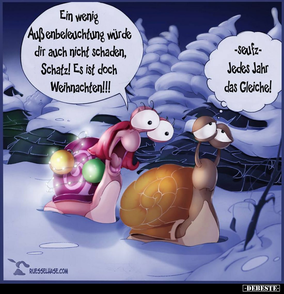 Ein wenig Außenbeleuchtung würde dir auch nicht schaden, Schatz! Es ist doch Weihnachten!!!
-seufz-Jedes Jahr das Gleiche!