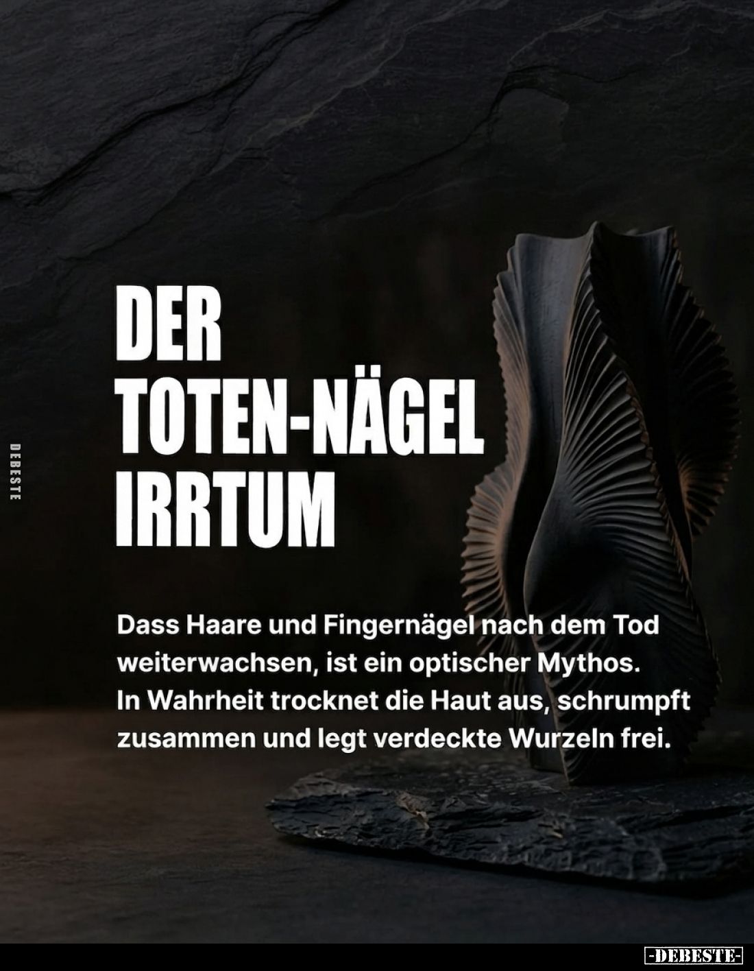 Der Toten-Nägel Irrtum
-
Dass Haare und Fingernägel nach dem Tod weiterwachsen, ist ein optischer Mythos. In Wahrheit trock...