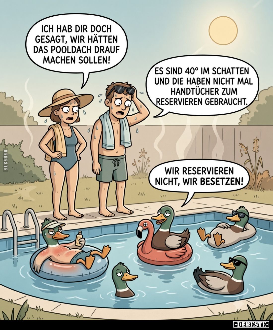 Ich hab dir doch gesagt, wir hätten das Pooldach drauf machen sollen!
Es sind 40° im Schatten und die haben nicht mal Handtü...