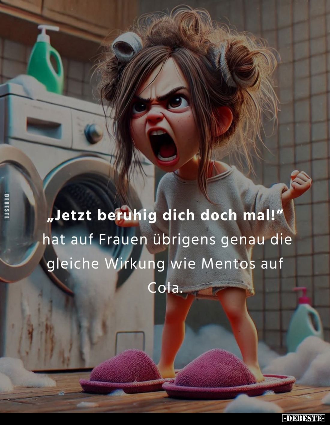 „Jetzt beruhig dich doch mal!"
hat auf Frauen übrigens genau die gleiche Wirkung wie Mentos auf Cola.