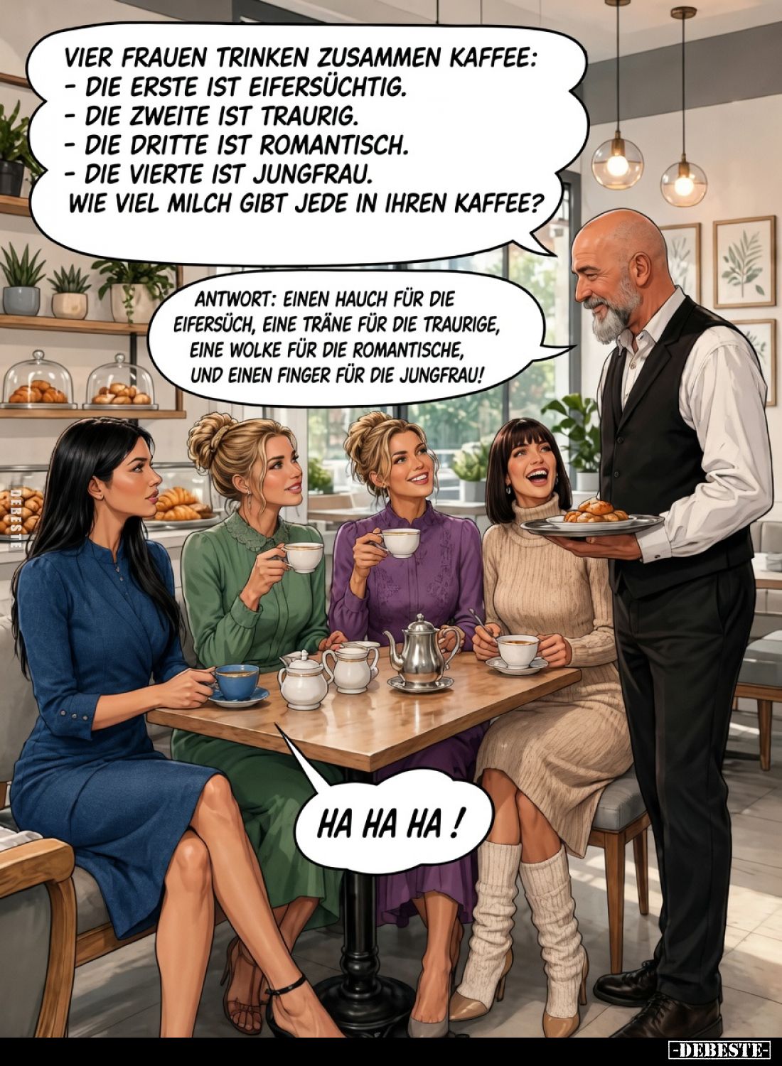 Vier Frauen trinken zusammen Kaffee:

- die erste ist eifersüchtig.

- die zweite ist traurig.

- die dritte ist romant...