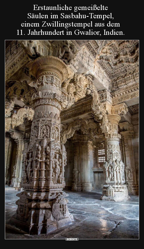 Erstaunliche gemeißelte Säulen im Sasbahu-Tempel, einem..