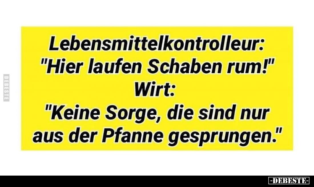 Lebensmittelkontrolleur: "Hier laufen Schaben rum!" -
Wirt:
"Keine Sorge, die sind nur aus der Pfanne gespru...