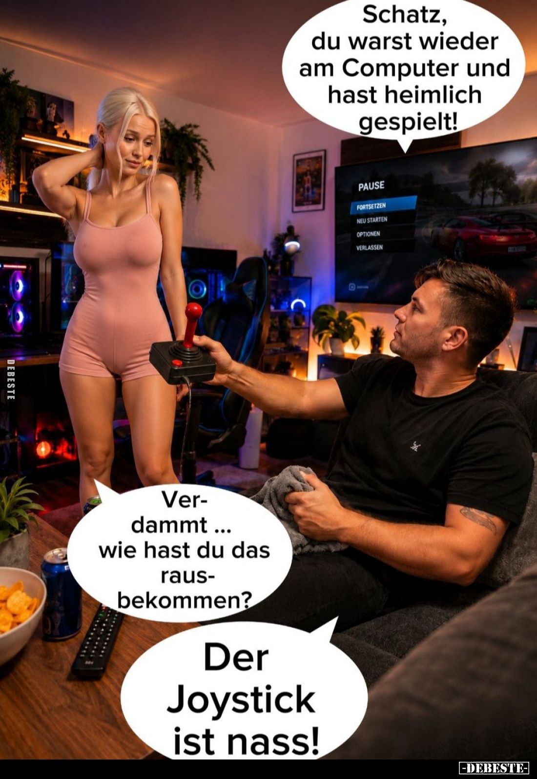 Schatz, du warst wieder am Computer und hast heimlich gespielt! -
Verdammt ... wie hast du das rausbekommen? -
Der Joystick...