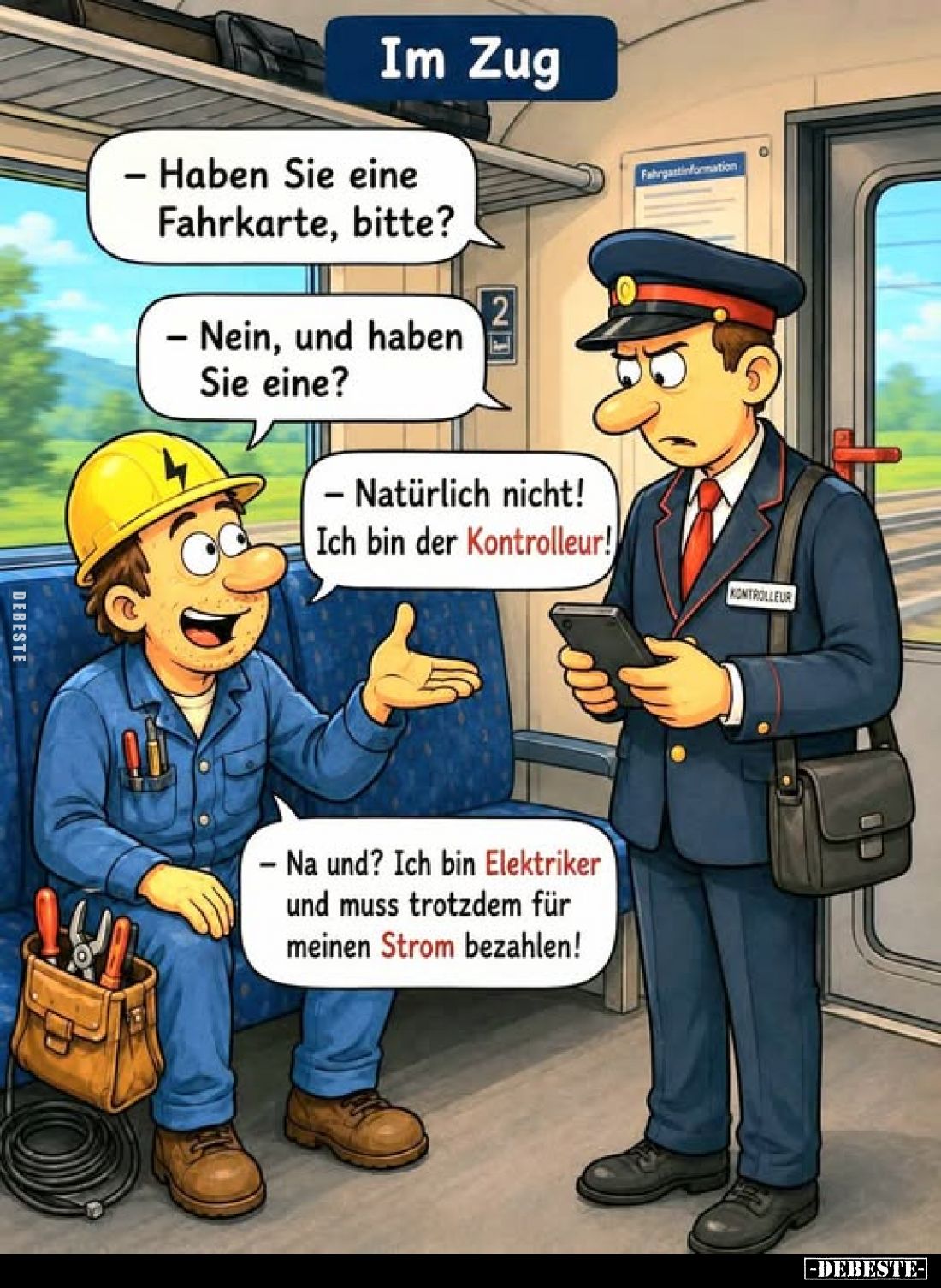 - Haben Sie eine Fahrkarte, bitte?

- Nein, und haben Sie eine?

- Natürlich nicht! Ich bin der Kontrolleur!

- Na und?...