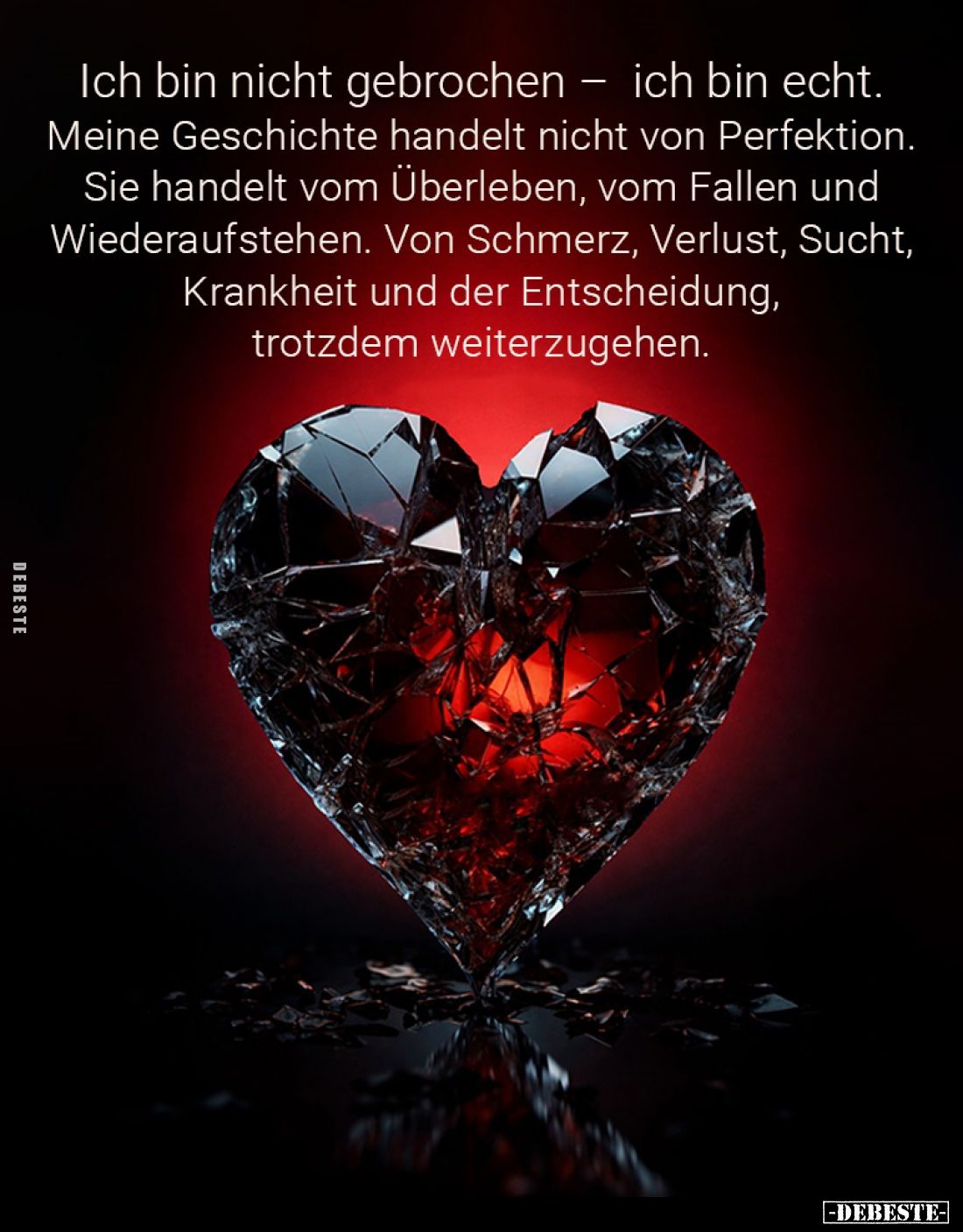 Ich bin nicht gebrochen - ich bin echt.
Meine Geschichte handelt nicht von Perfektion.
Sie handelt vom Überleben, vom Falle...