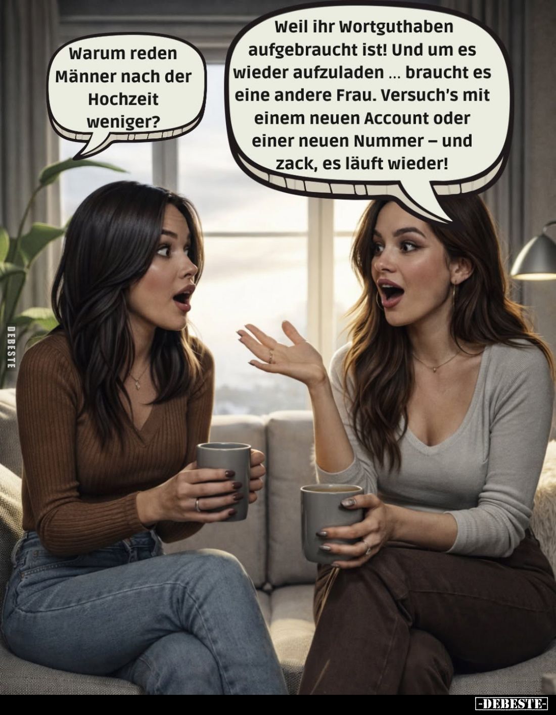 Warum reden Männer nach der Hochzeit weniger? -
Weil ihr Wortguthaben aufgebraucht ist! Und um es wieder aufzuladen... brauc...