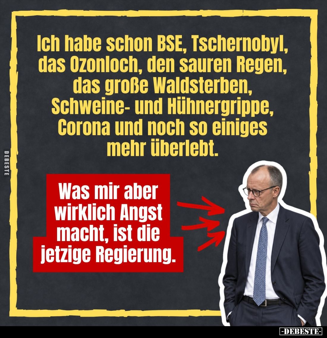 Ich habe schon BSE, Tschernobyl, das Ozonloch, den sauren Regen, das große Waldsterben, Schweine- und Hühnergrippe, Corona un...
