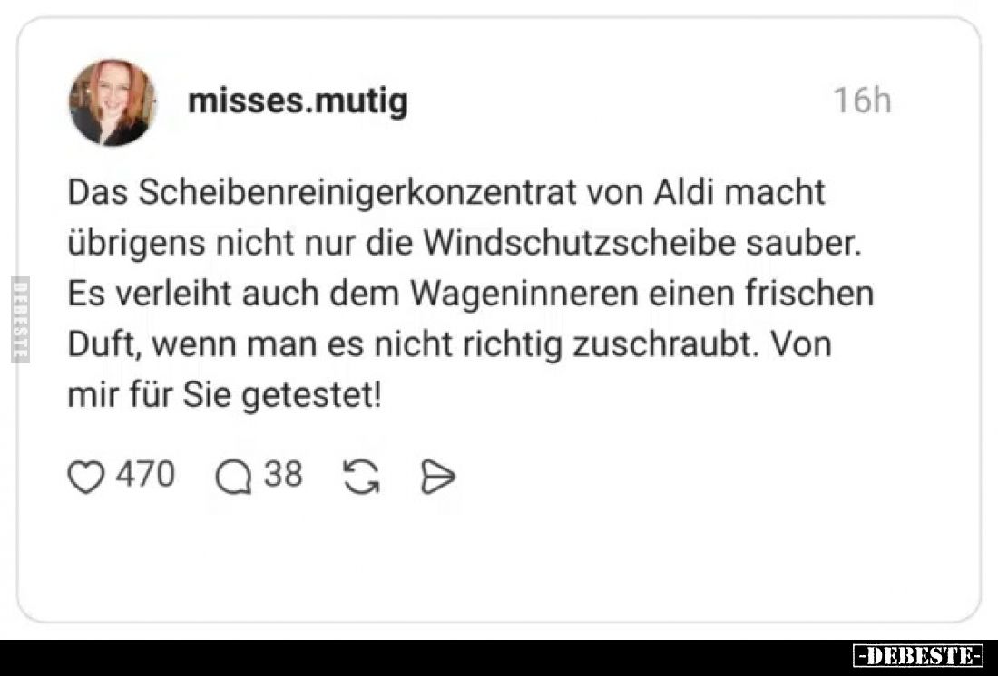 Das Scheibenreinigerkonzentrat von Aldi macht übrigens nicht nur die Windschutzscheibe sauber.
Es verleiht auch dem Wageninn...